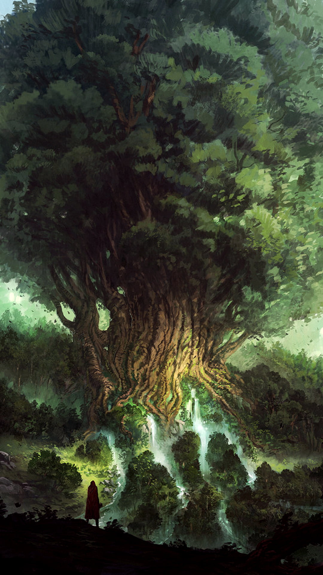 alone, Jorge Jacinto, waterfall, forest, giant, trees, 1080P, digital art, phone, standing, fantasy art, artwork, Phone HD Wallpaper