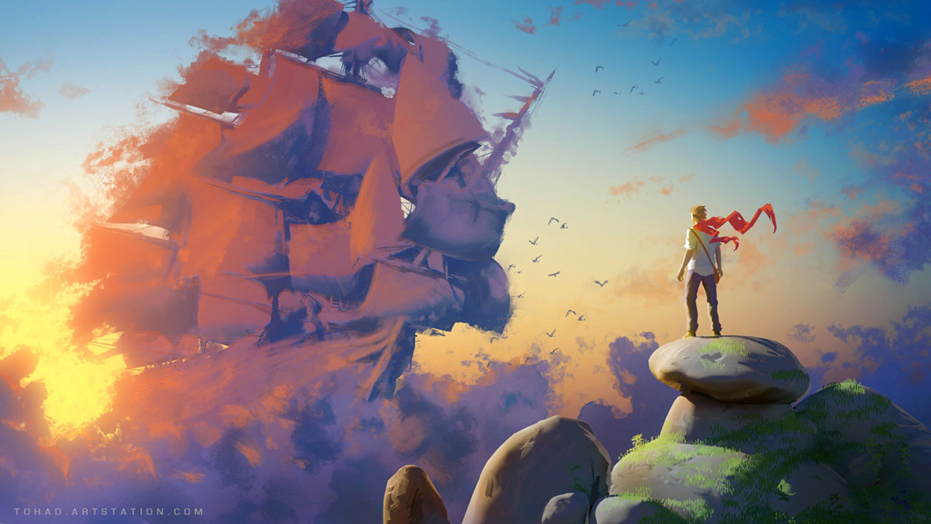 sunlight, stone, artwork, clouds, fantasy art, 1080P, alone, digital art, boat, Sylvain Sarrailh, standing, ship, birds, HD Wallpaper