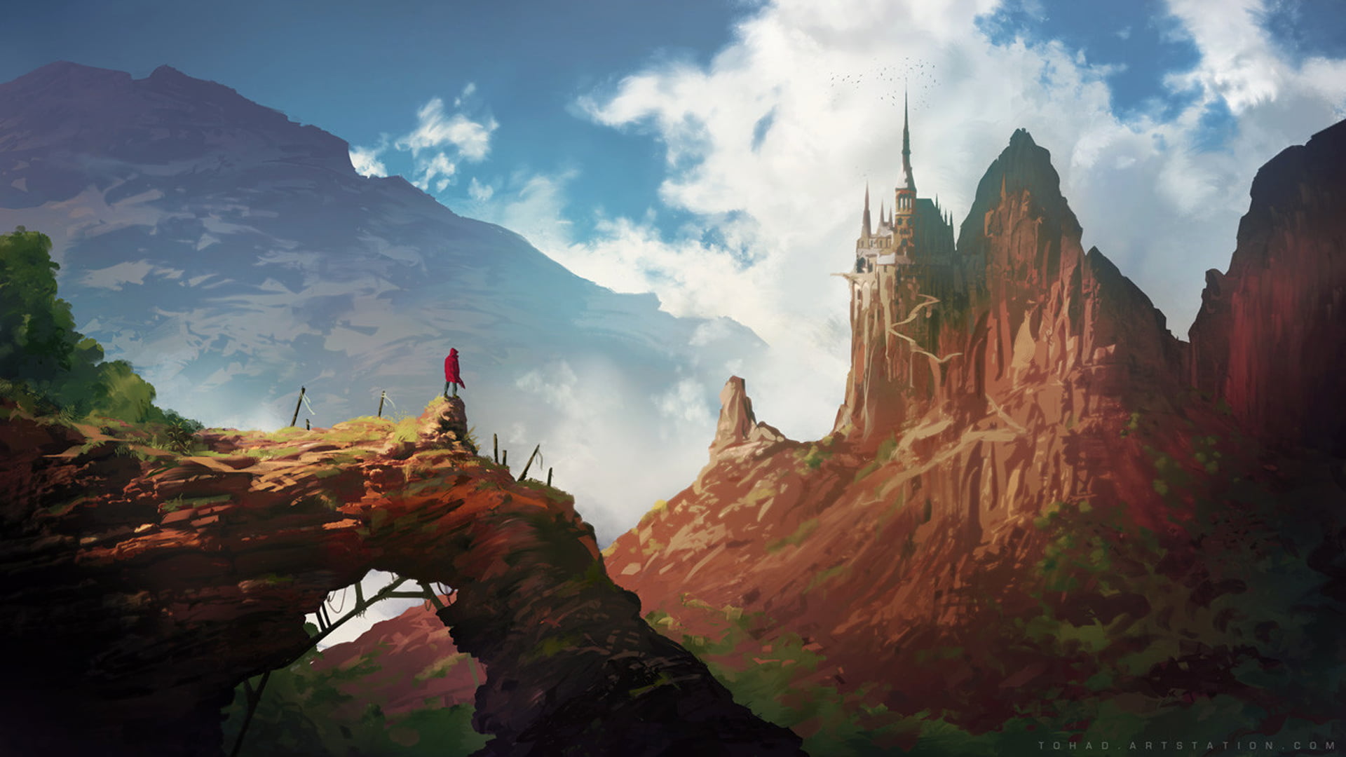 landscape, fantasy art, clouds, alone, mountains, fantasy city, sky, standing, Sylvain Sarrailh, 1080P, artwork, digital art, HD Wallpaper