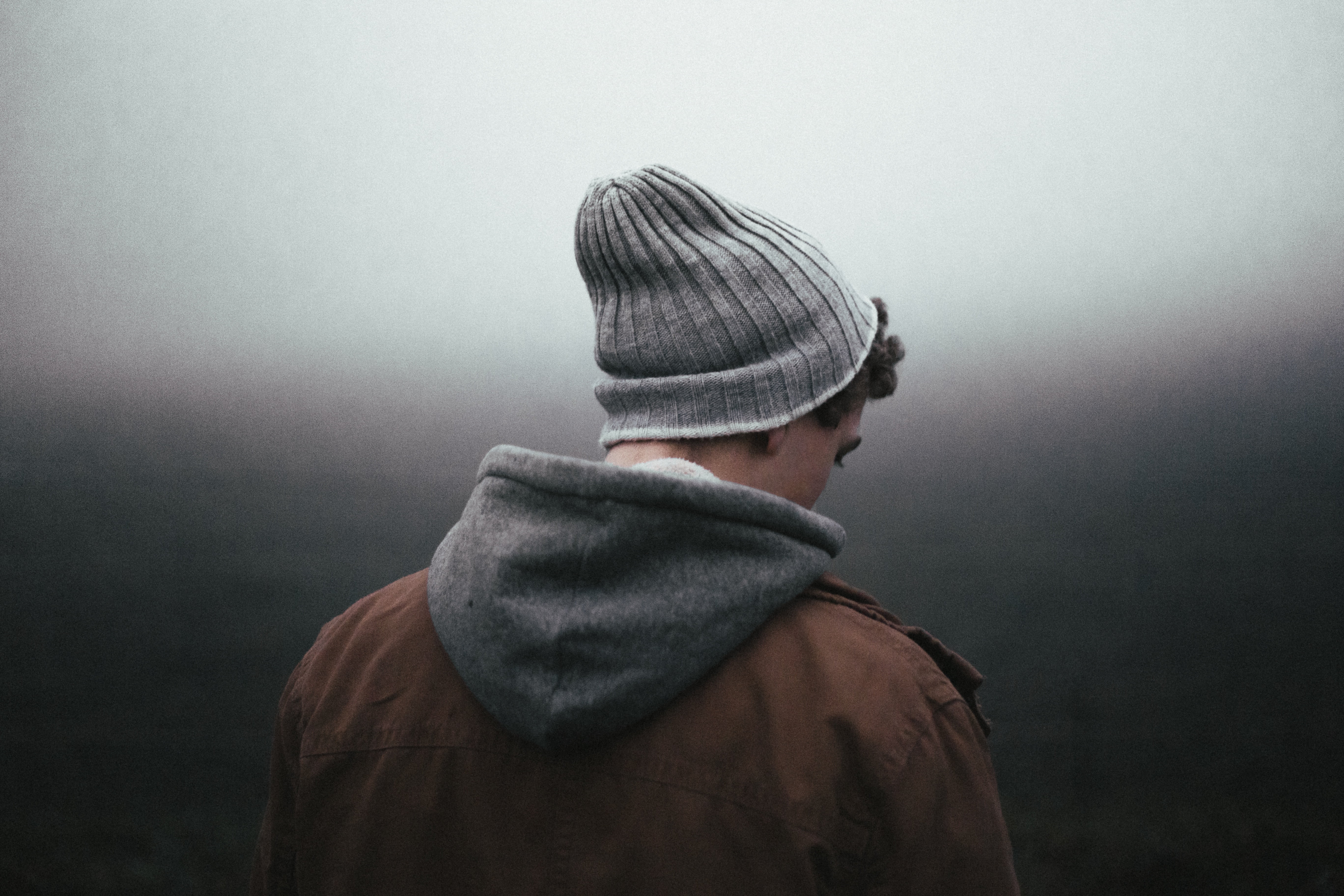 back, rear view, emotion, alone, contemplation, standing, room, photo, one man only, waist up, adults only, adult, portrait, fog, man, hood - clothing, HD Wallpaper