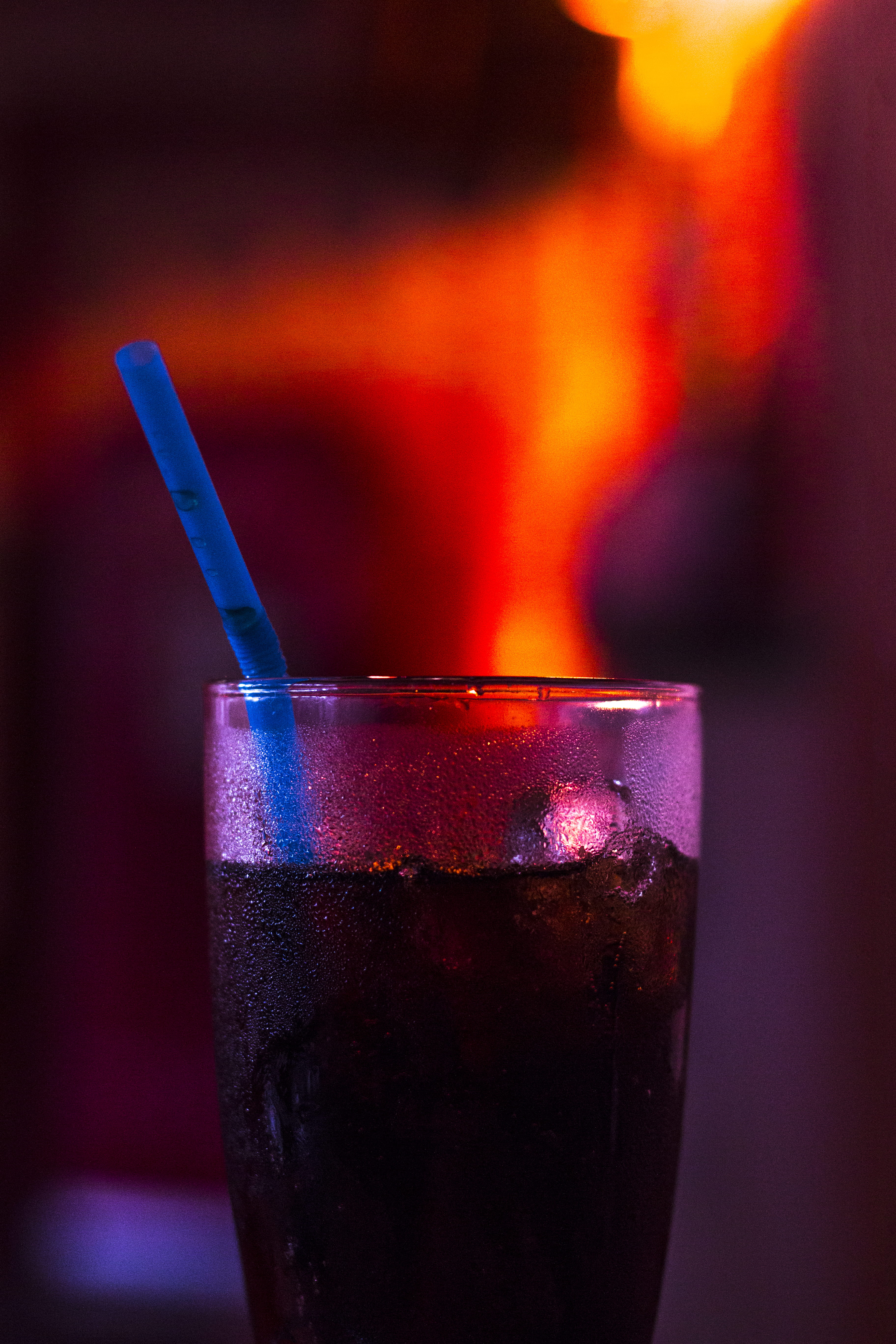 glass, coke, drinking straw, party, retro, dark, refreshment, freshness, red, 5K, cold temperature, no people, diner, bokeh, drinking glass, straw, condensation, Phone HD Wallpaper