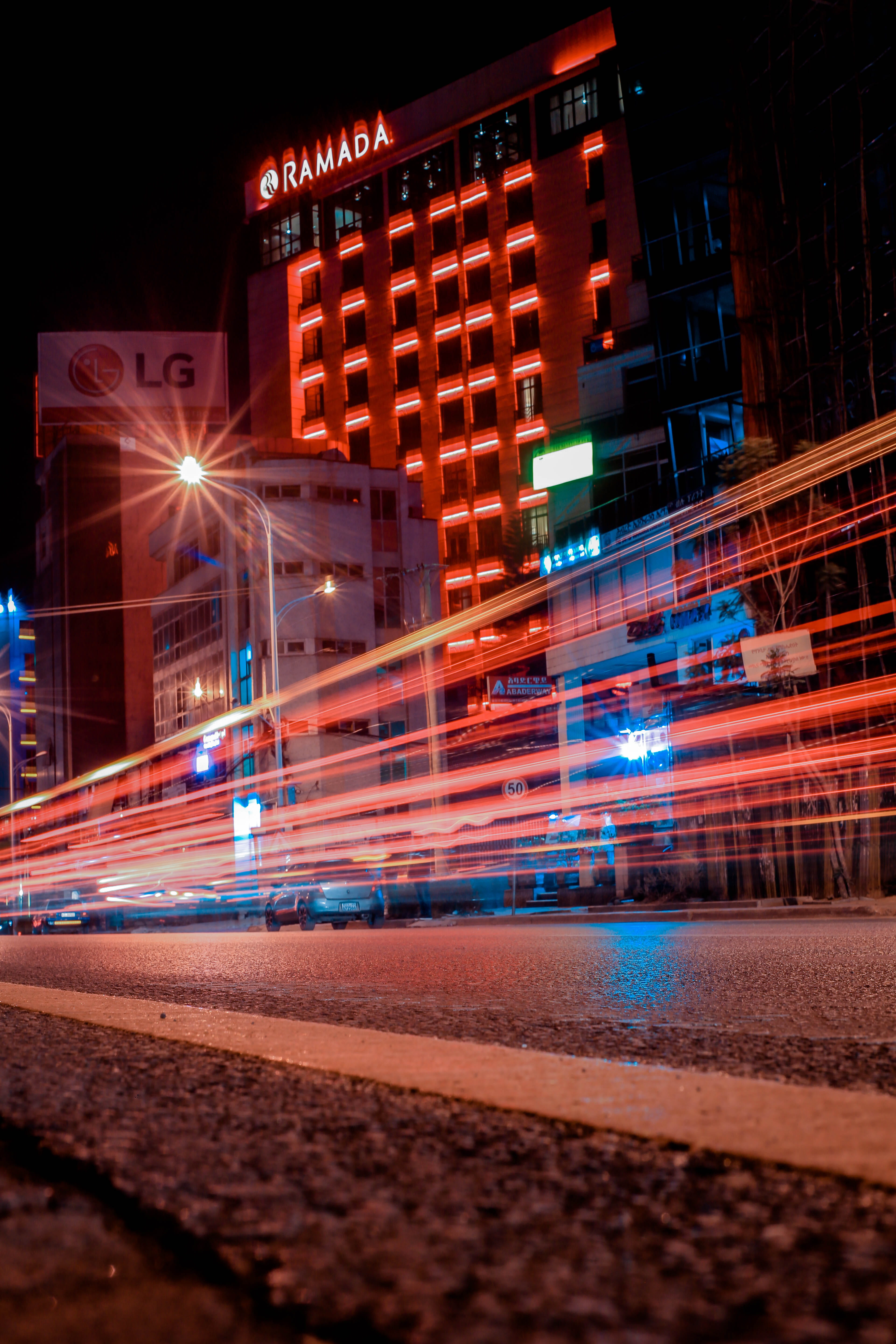 downtown, office building, sign, city street, blurred motion, speed, transportation, motion, street, light, photography, built structure, city, timelapse, Phone HD Wallpaper