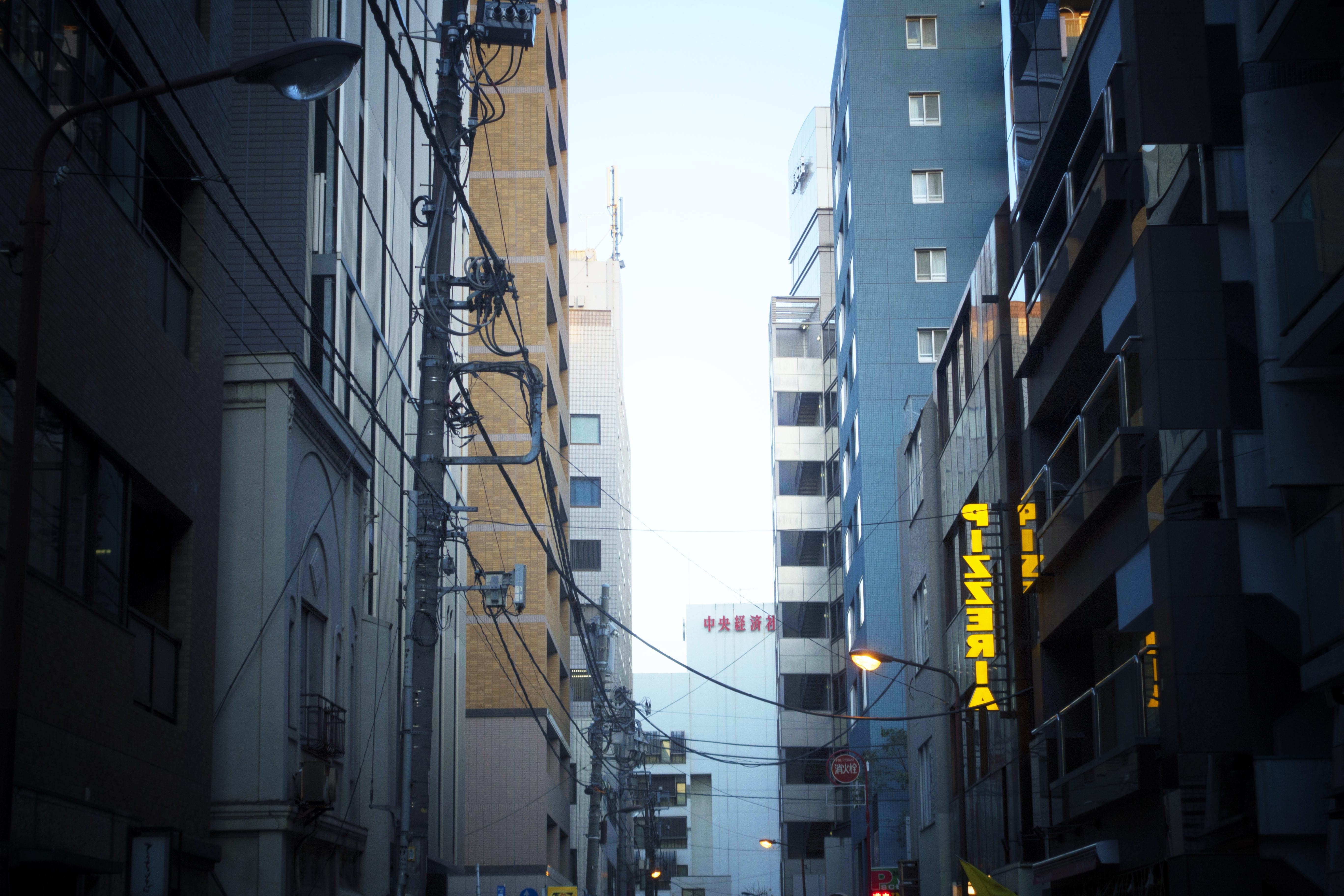 office building, built structure, power supply, residential district, nature, sunlight, communication, near, city, tarmac, sign, day, asphalt, architecture, HD Wallpaper
