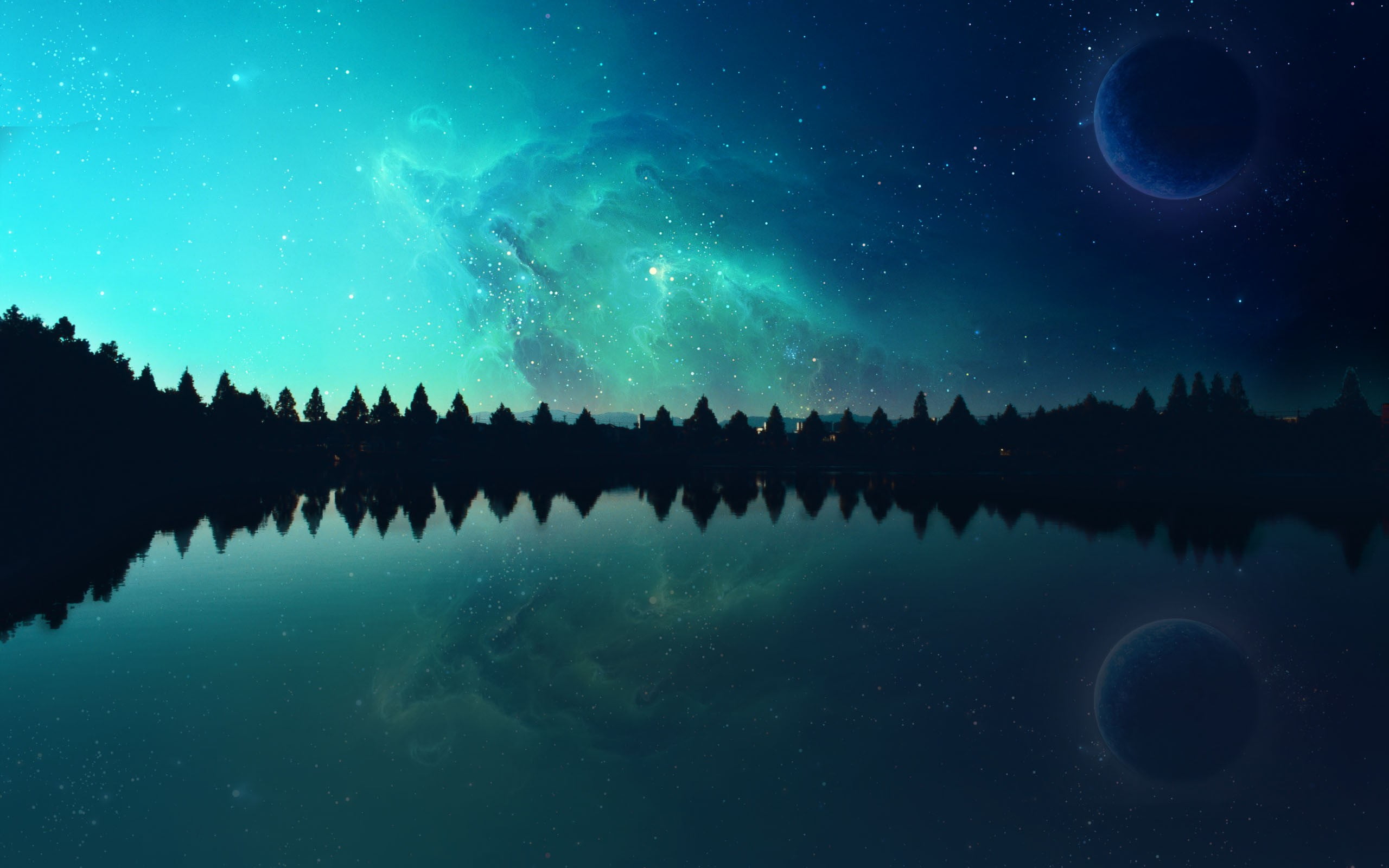 star - space, photo manipulation, no people, sky, planet, plant, nature, trees, tranquil scene, reflection, astronomy, scenics - nature, forest, lake, 2K, HD Wallpaper