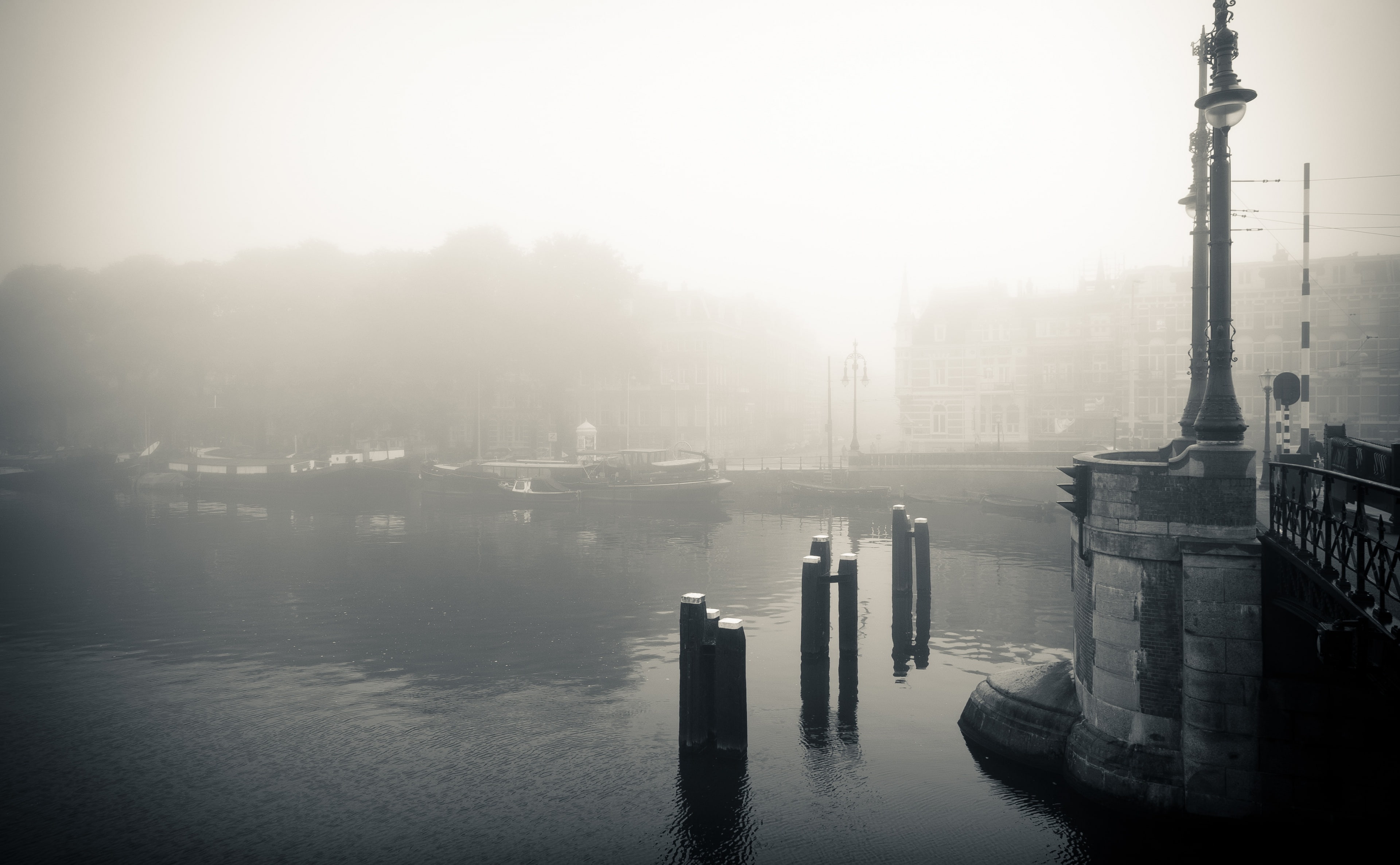tranquility, Photography, Foggy, cityscape, outdoors, transportation, built structure, no people, Europe, tower, wooden post, Nature, Netherlands, Bridge, HD Wallpaper