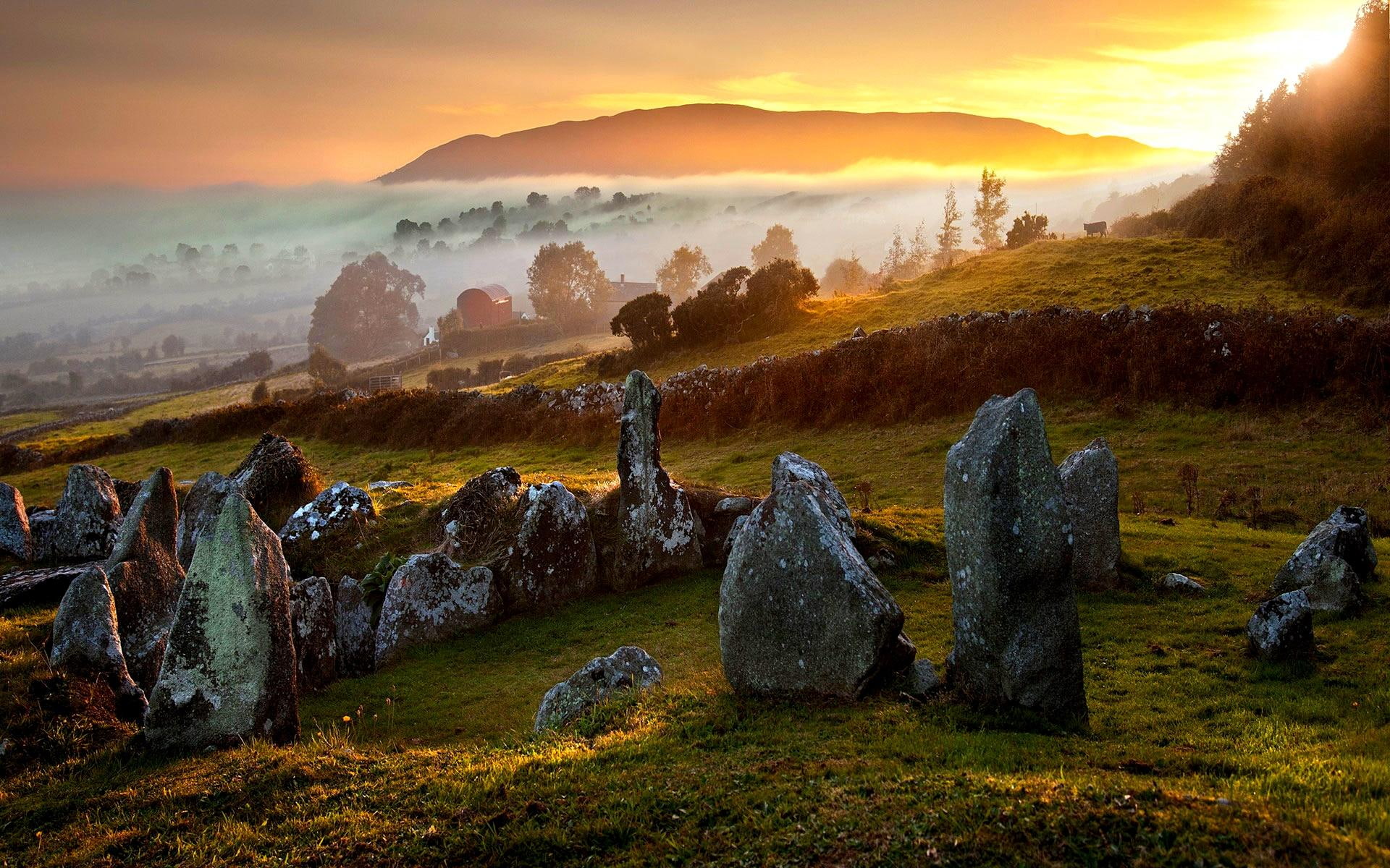 hill, foggy, 1080P, stones, nature and landscapes, morning, slope, light, HD Wallpaper