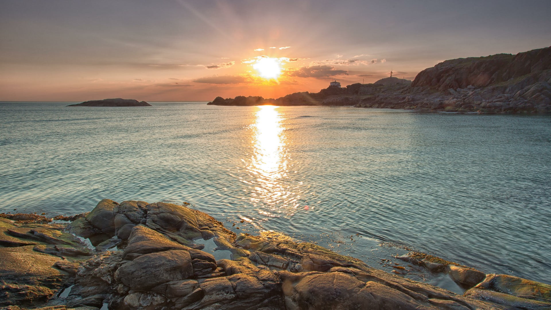 shore, 1080P, water, outdoors, rock - object, scenics - nature, nature, sunset, land, horizon over water, cloud - sky, idyllic, sky, rock, no people, tranquility, HD Wallpaper