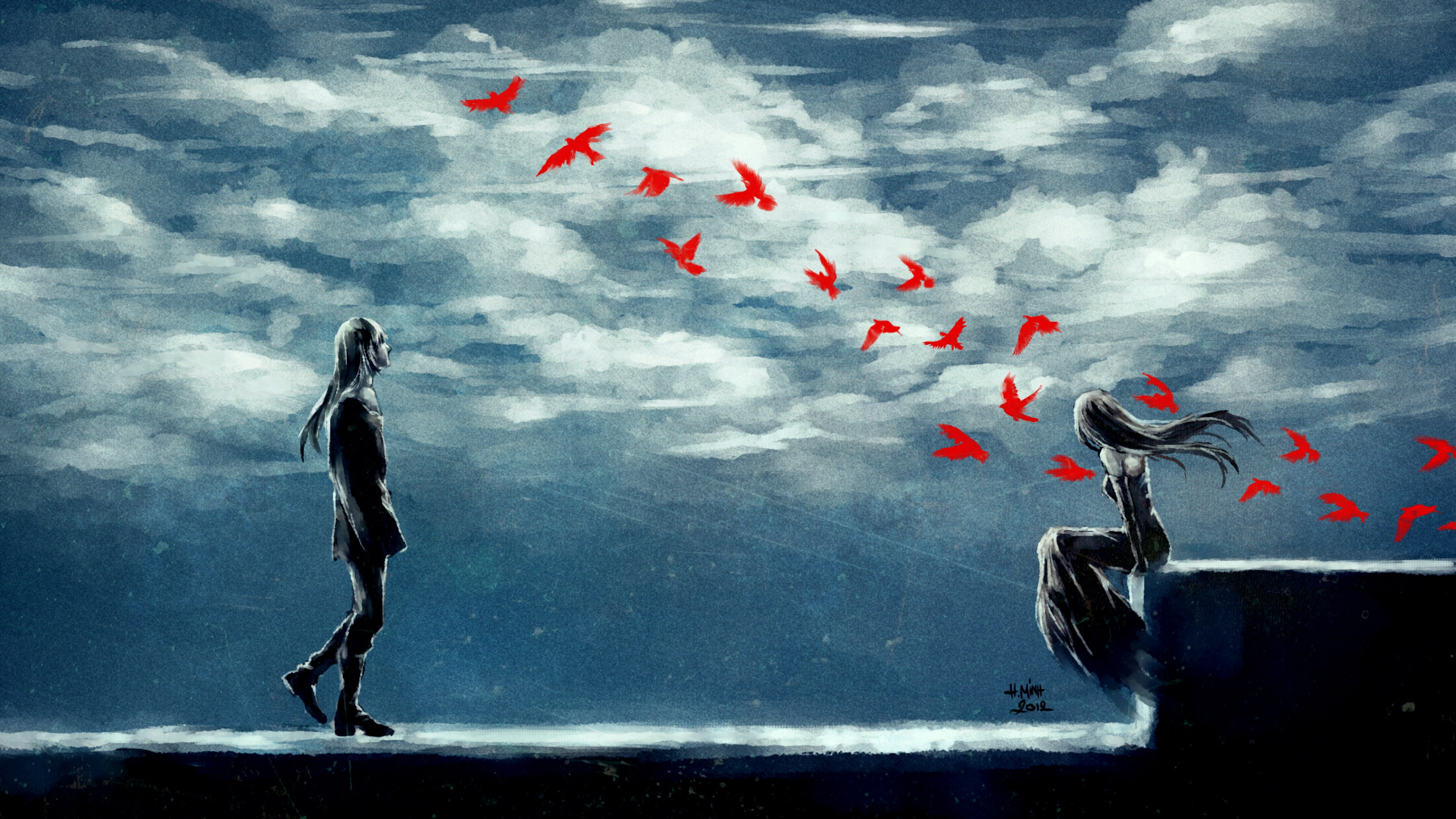 competition, artist, anime girl, nature, red, digital art, full length, anime, cloud - sky, outdoors, art, birds, men, sport, digital composite, adult, HD Wallpaper