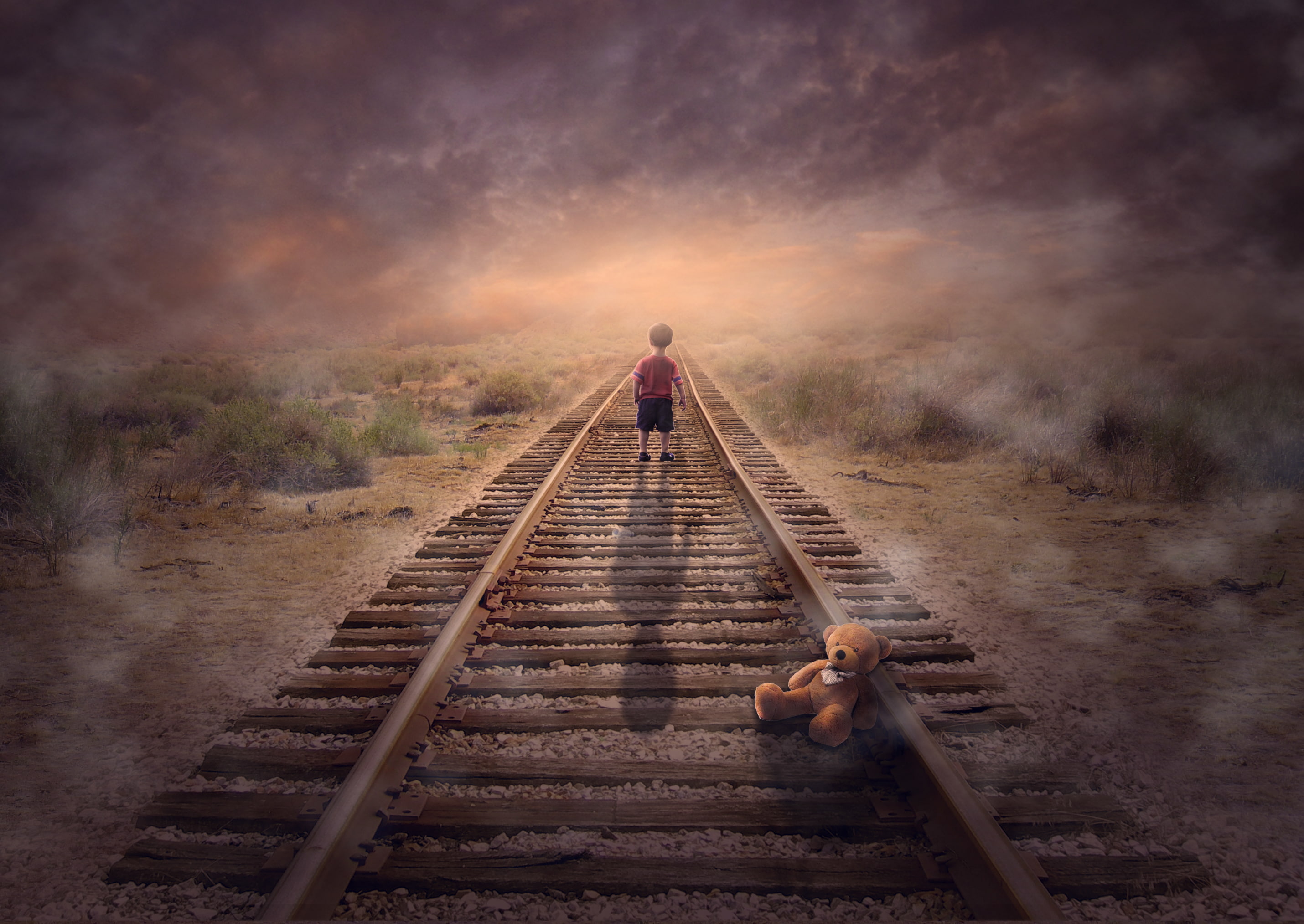 Foggy, HD, Teddy bear, 2K, Alone, Dream, Boy, Child, Rail track, HD Wallpaper