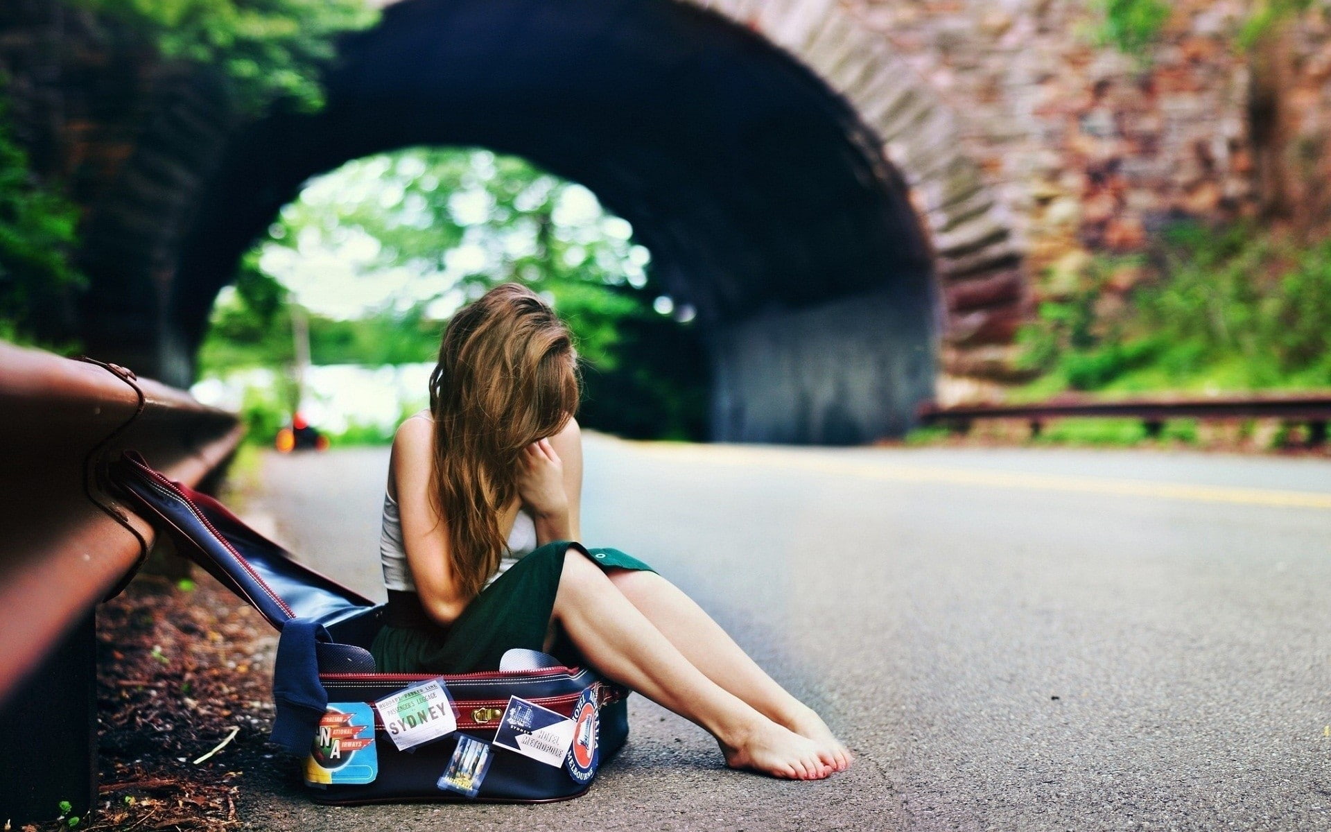 women, 1080P, tunnel, brunette, road, suitcase, alone, bridge, sitting, women outdoors, legs, HD Wallpaper