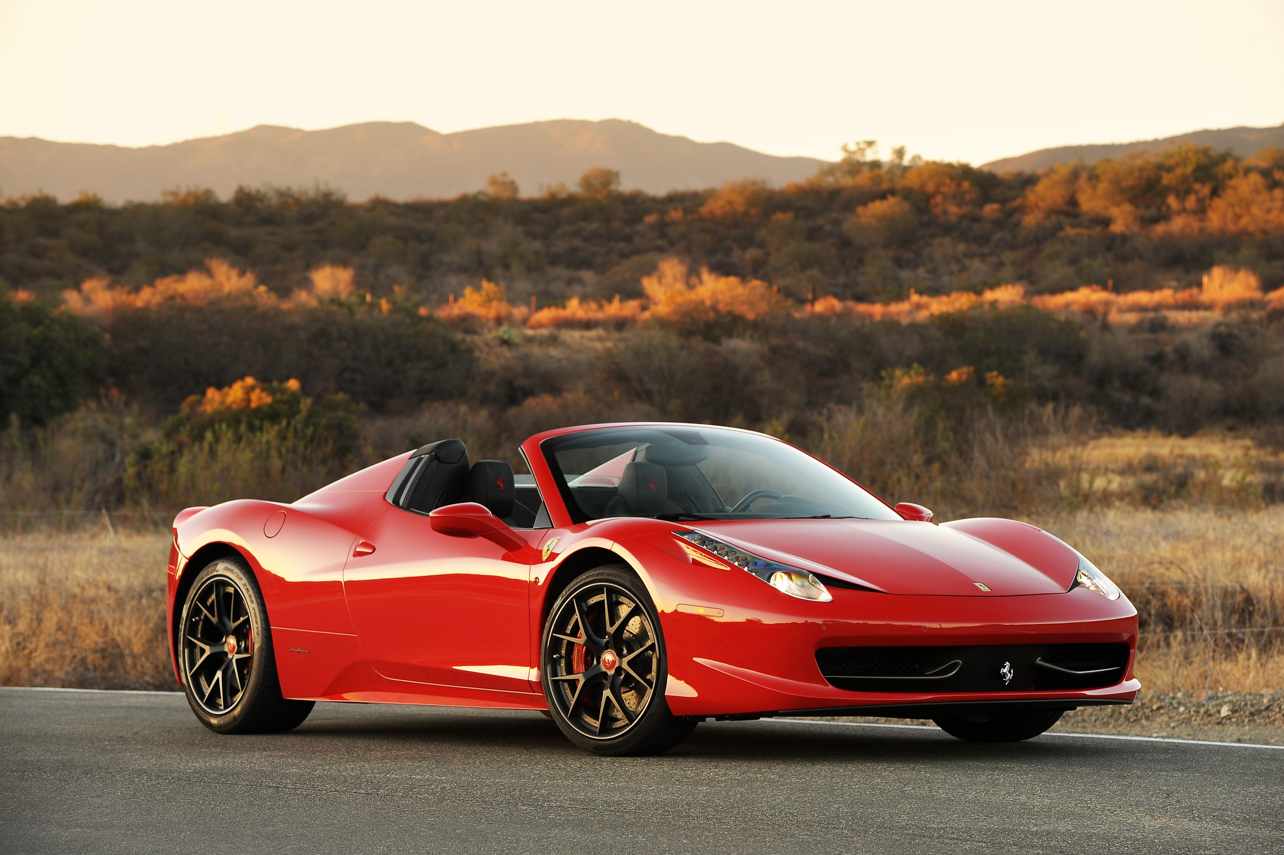 sunset, sunlight, luxury, plant, car, environment, red, 4K, spider, motor vehicle, outdoors, no people, convertible, transportation, tree, nature, mode of transportation, HD Wallpaper