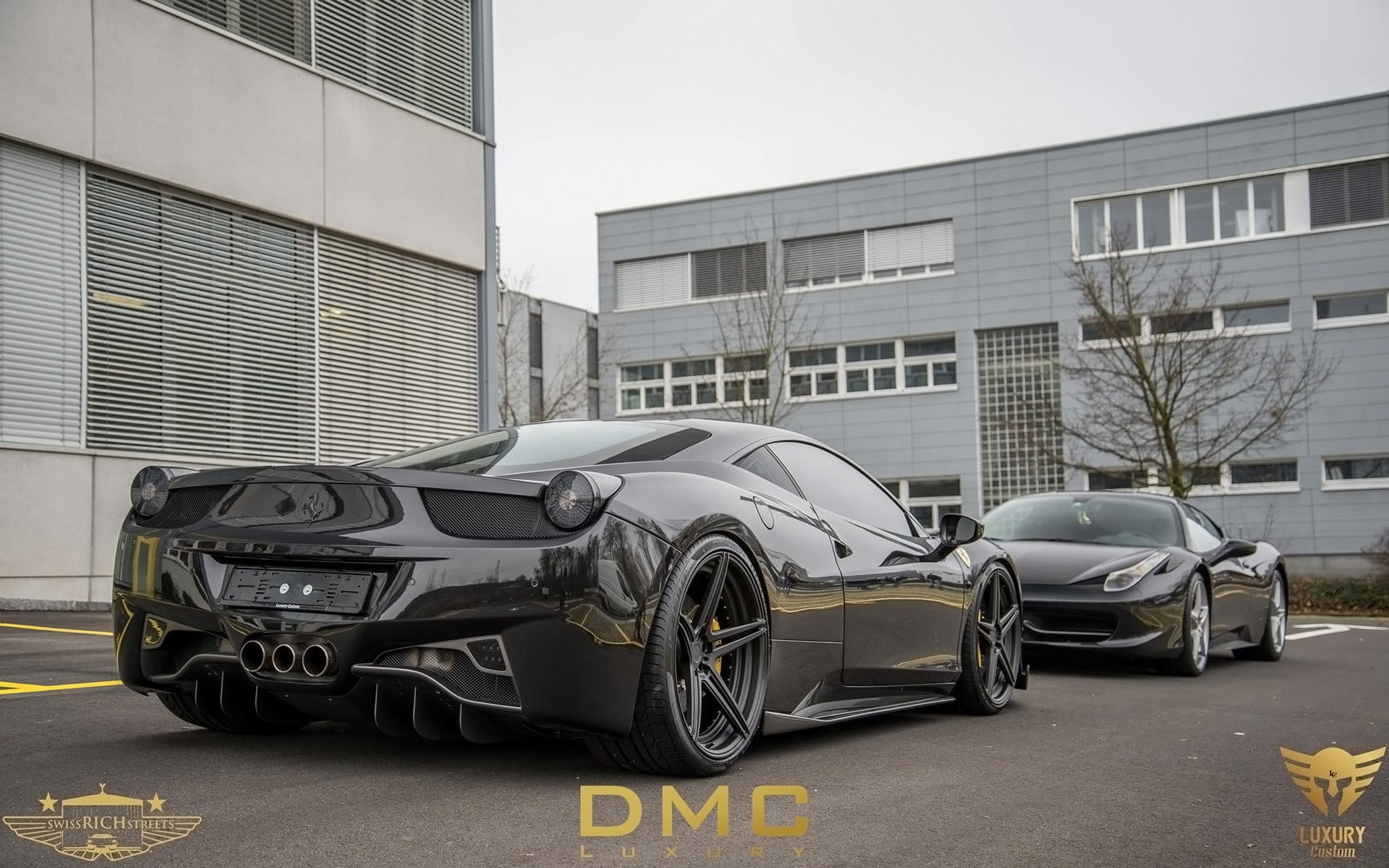 building, architecture, no people, modern, mode of transportation, built structure, motor vehicle, land vehicle, Ferrari 458 Italia, stationary, road, office building exterior, HD Wallpaper