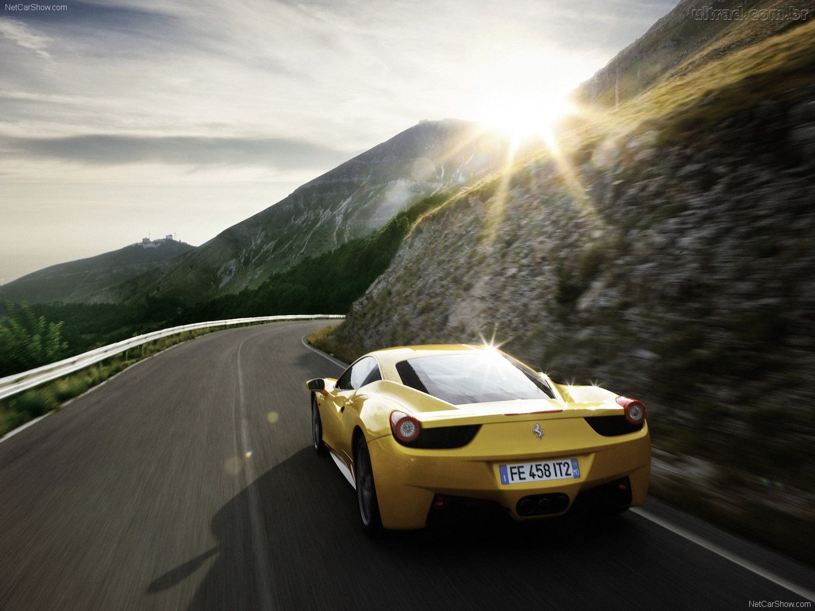 travel, sunlight, day, sky, 720P, mode of transportation, yellow, nature, motion, sun, sunbeam, Ferrari, mountain, car, lens flare, road, motor vehicle, HD Wallpaper