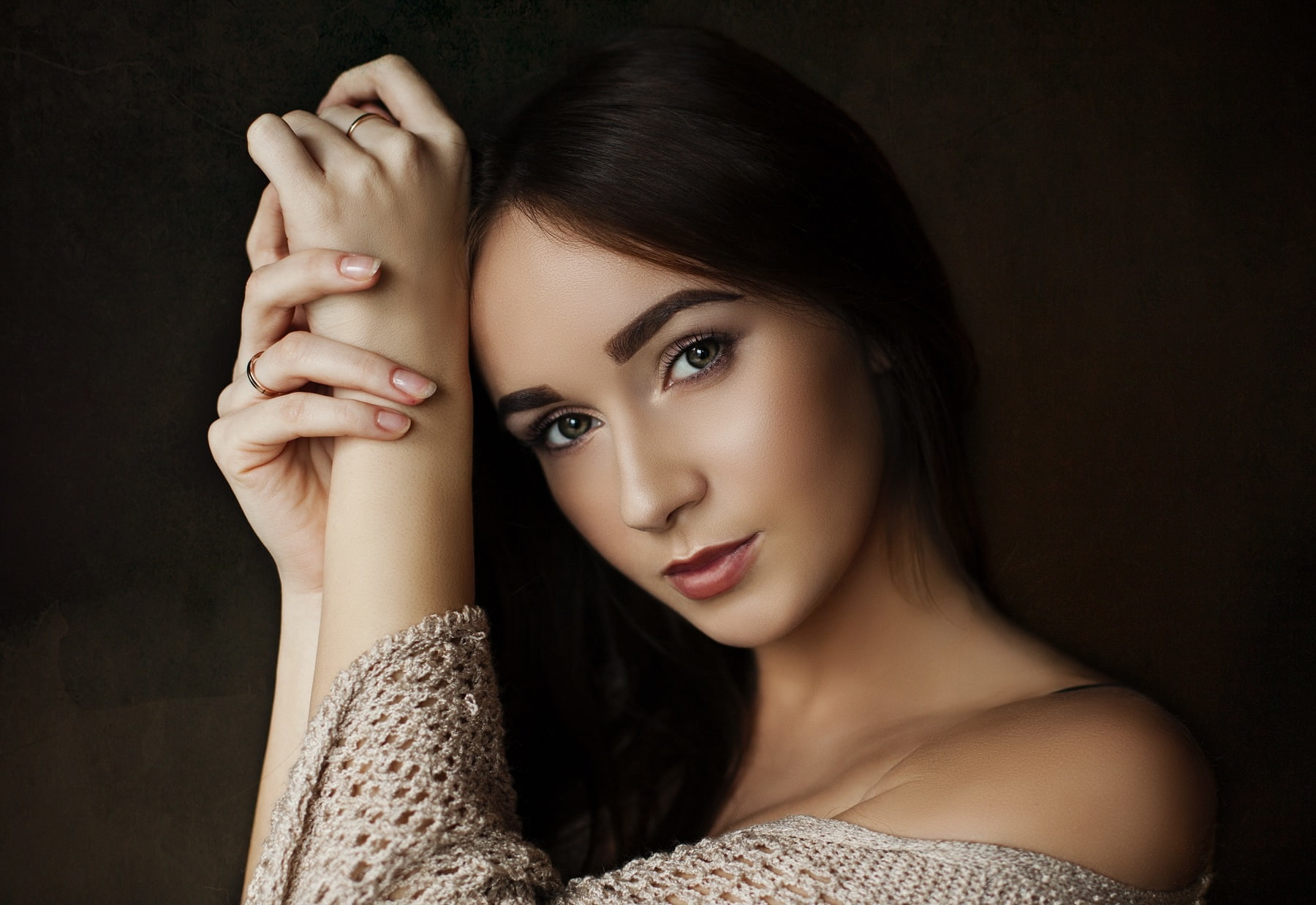 hairstyle, human face, beauty, looking at camera, sweater, bare shoulders, brunette, beautiful people, headshot, adult, women, studio shot, hair, looking at viewer, HD Wallpaper