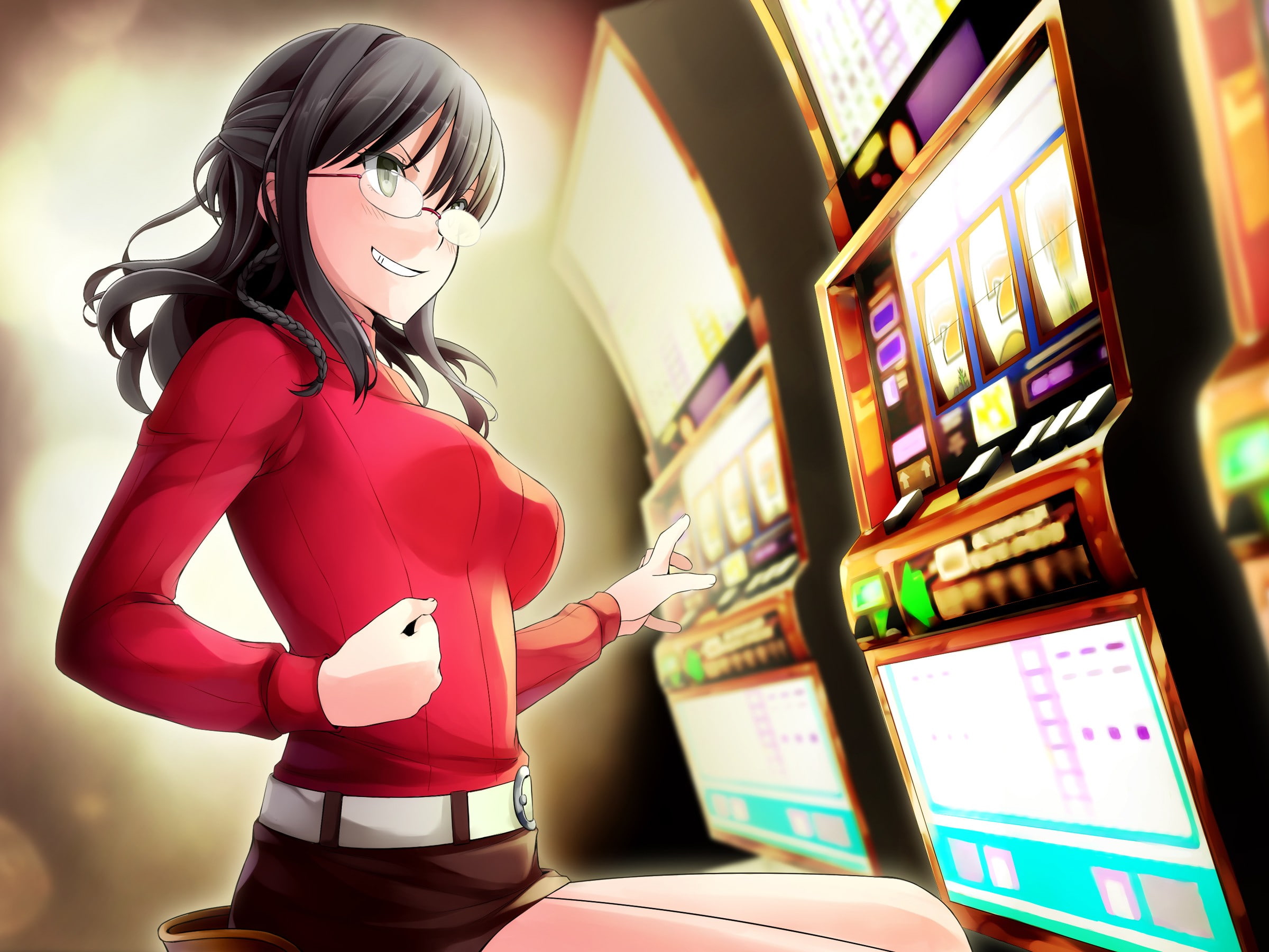 1080P, sweater, dark hair, smiling, Hunie Pop, glasses, gambling, green eyes, HD Wallpaper