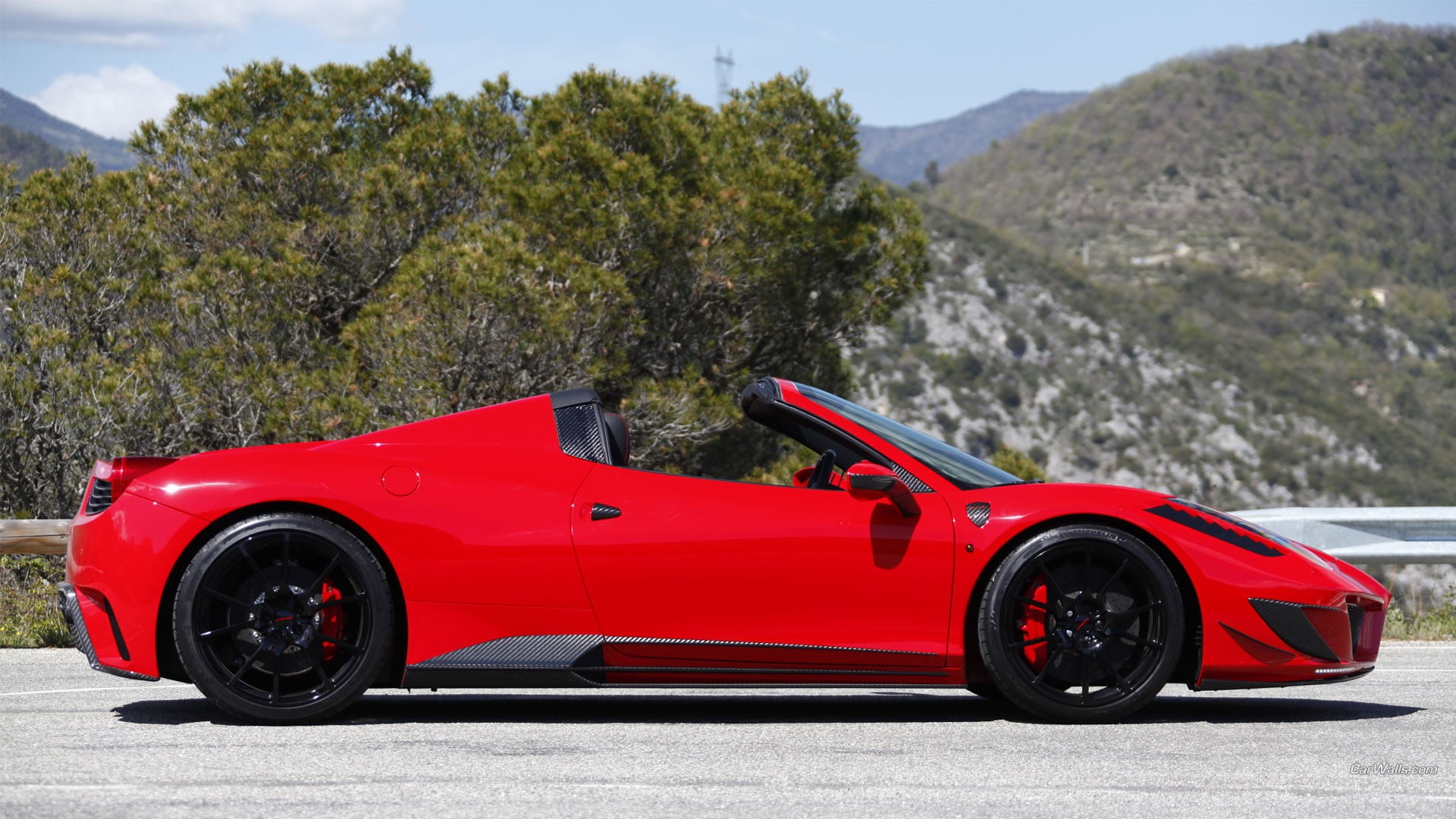 land vehicle, convertible, profile view, day, supercars, wealth, tree, red, Ferrari 458, motor vehicle, transportation, car, sports car, nature, road, outdoors, HD Wallpaper