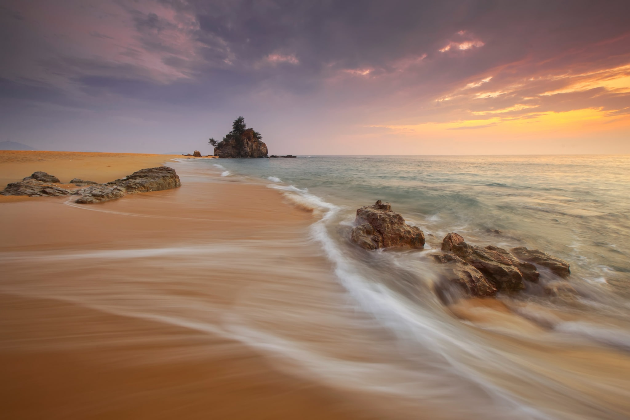 1080P, beach background hd, scenics - nature, sunset, beach, horizon, beauty in nature, sky, no people, long exposure, land, horizon over water, motion, HD Wallpaper