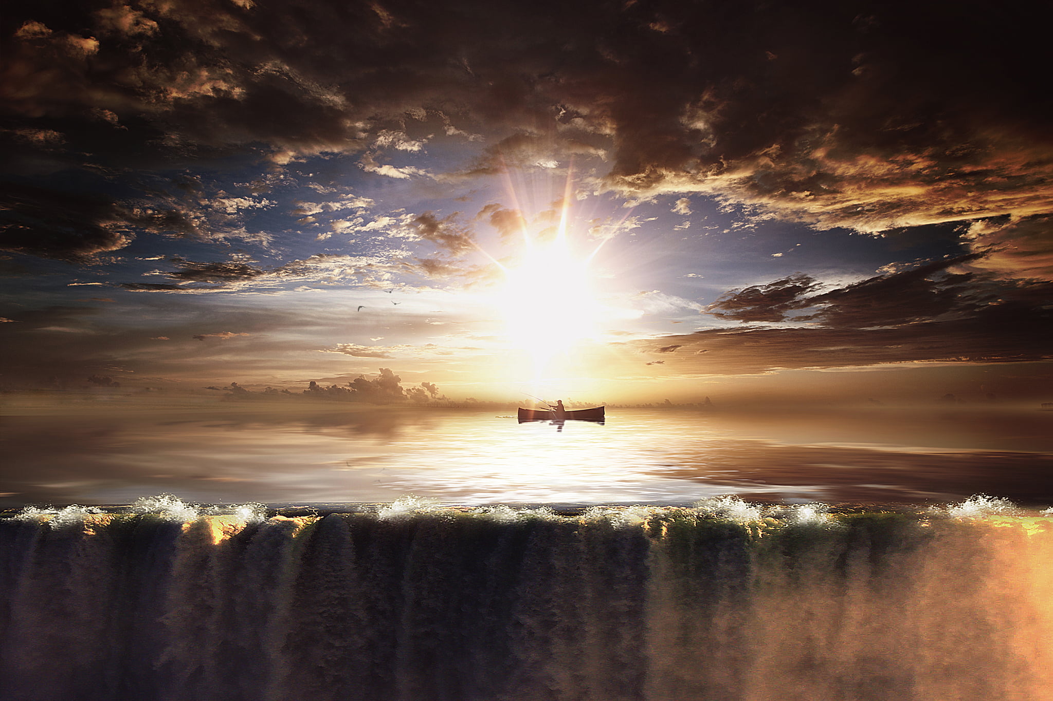 boat, 1080P, Sun, Man with No Name, sunset, waterfall, sky, sea, HD Wallpaper