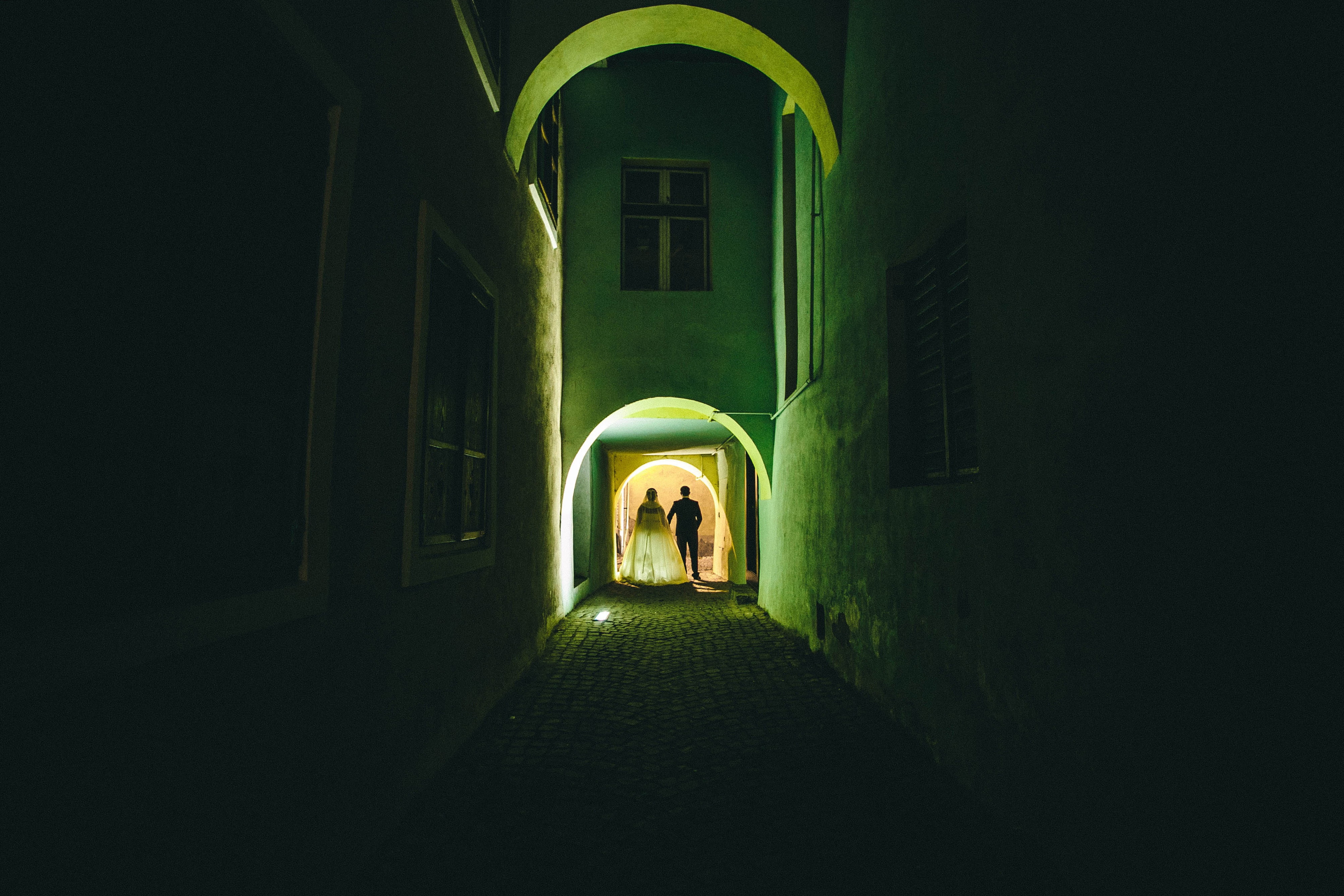 light, hallway, bride, man, direction, wedding, wall, depression - sadness, arcade, building, corridor, spooky, 4K, door, adult, walking, night, the way forward, HD Wallpaper