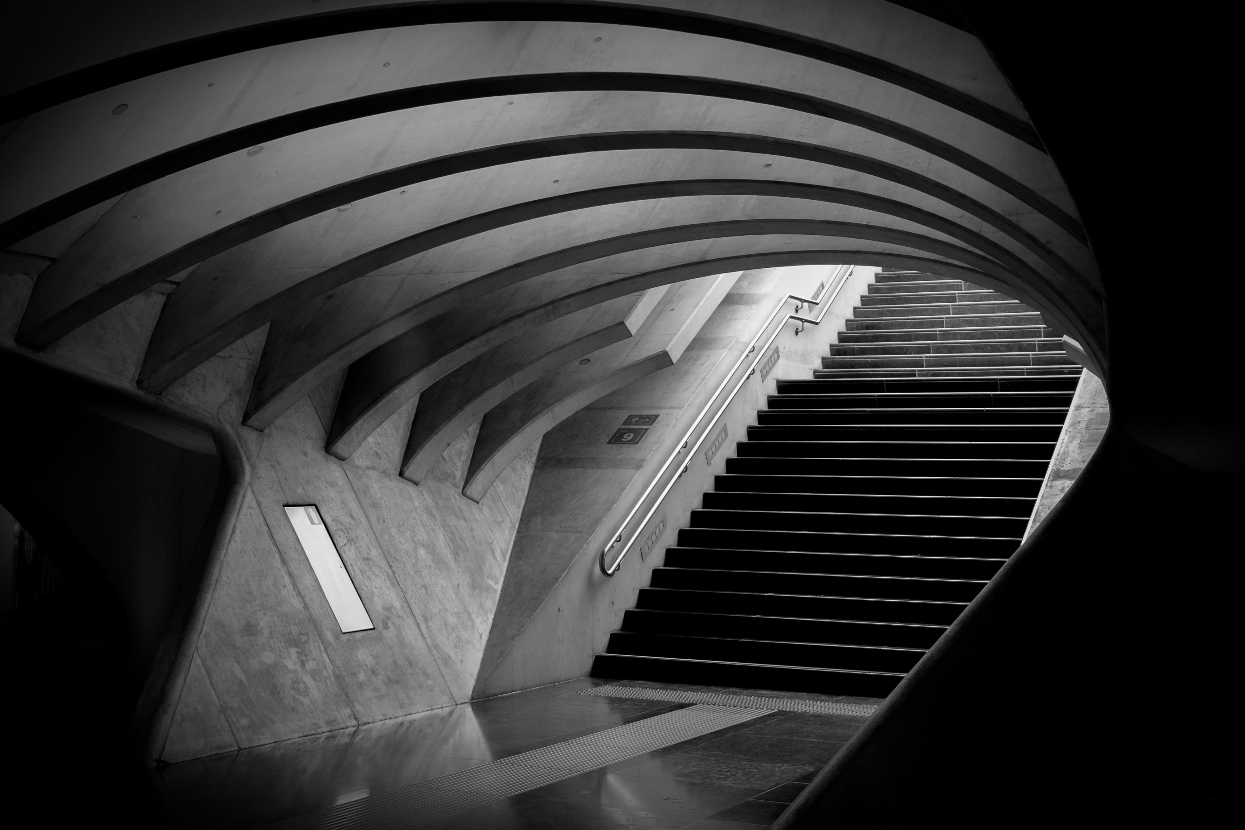 empty, arch, sunlight, illuminated, absence, cellar, staircase, metal, steps and staircases, tunnel, gray, scale, grayscale, spiral staircase, ceiling, HD Wallpaper