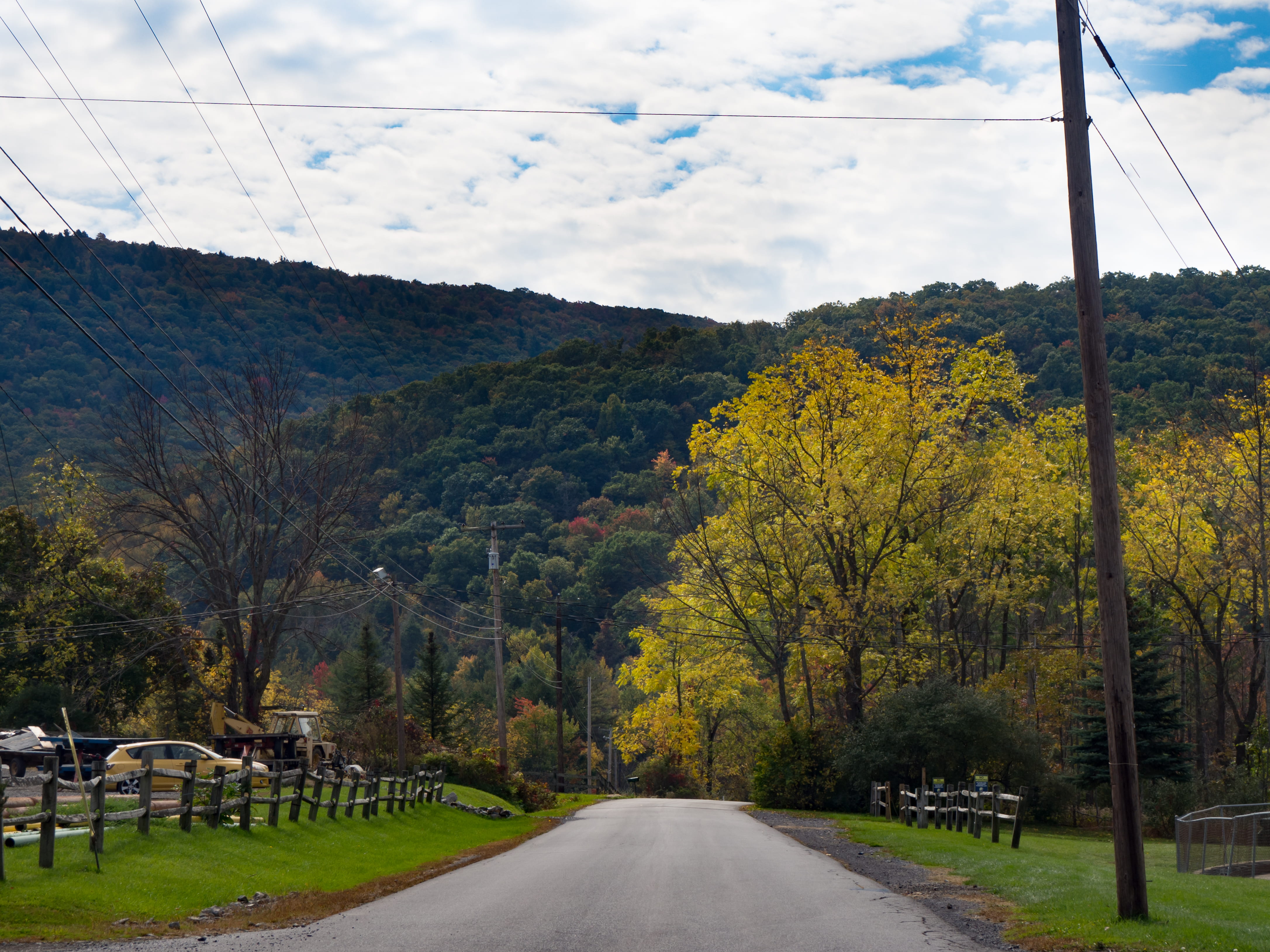 outdoors, blue sky, Road, day, car, no People, direction, landscape, Nature, scenics, Sky, the way forward, cloud - sky, Leaves, rural Scene, yellow, seasons, HD Wallpaper