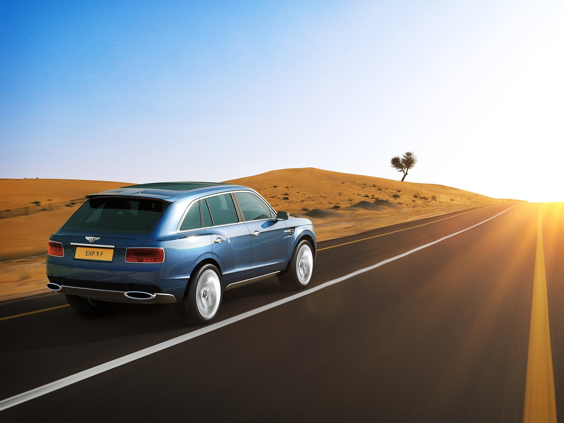 sky, journey, 1080P, road, copy space, motion, bentley exp 9 f concept, travel, transportation, on the move, sunlight, road trip, speed, road marking, HD Wallpaper