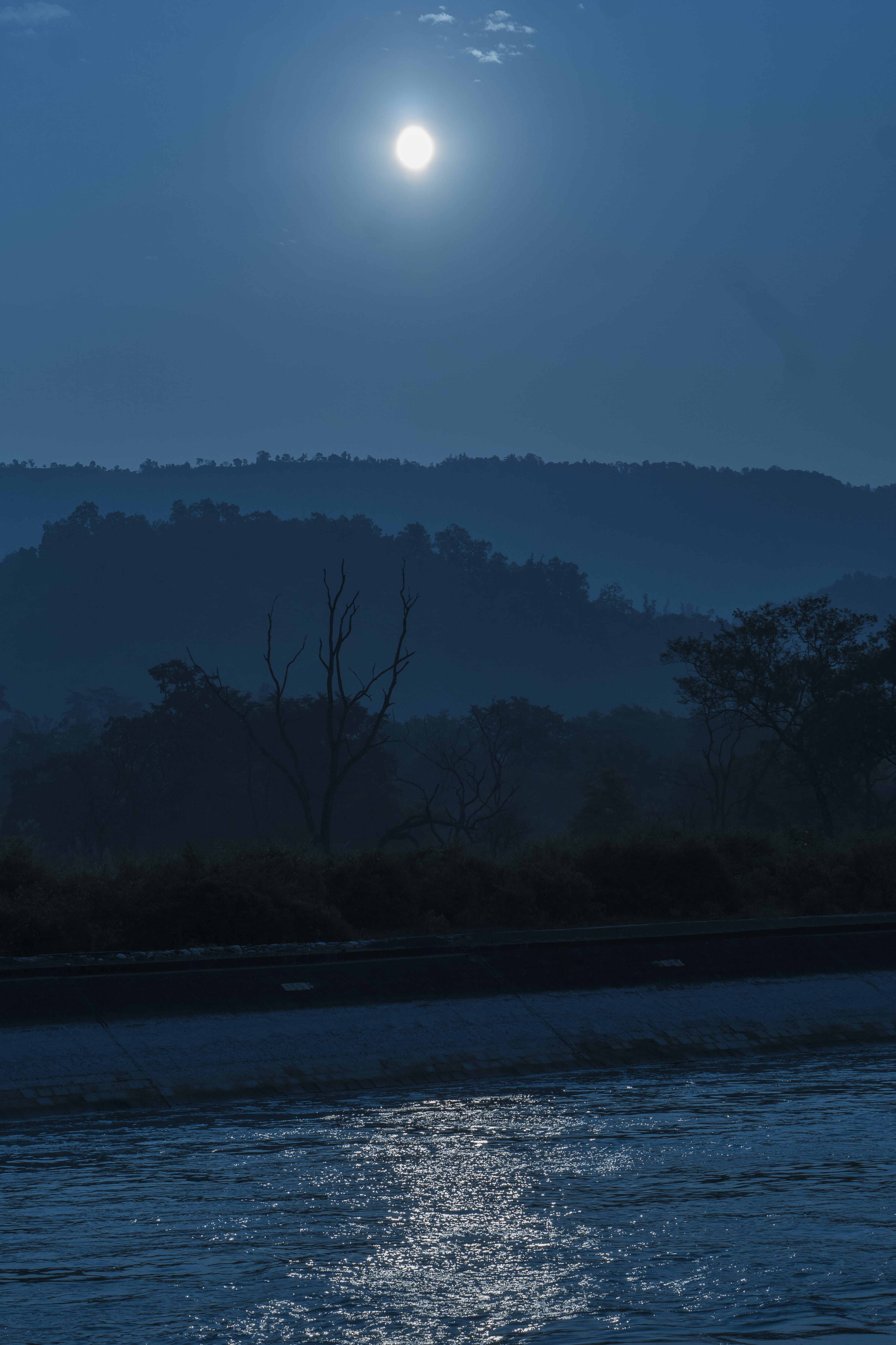 5K, scenics - nature, non-urban scene, plant, moon, outdoors, no people, reflection, tree, canal, dehradun, full moon, planetary moon, rajaji national park, Phone HD Wallpaper