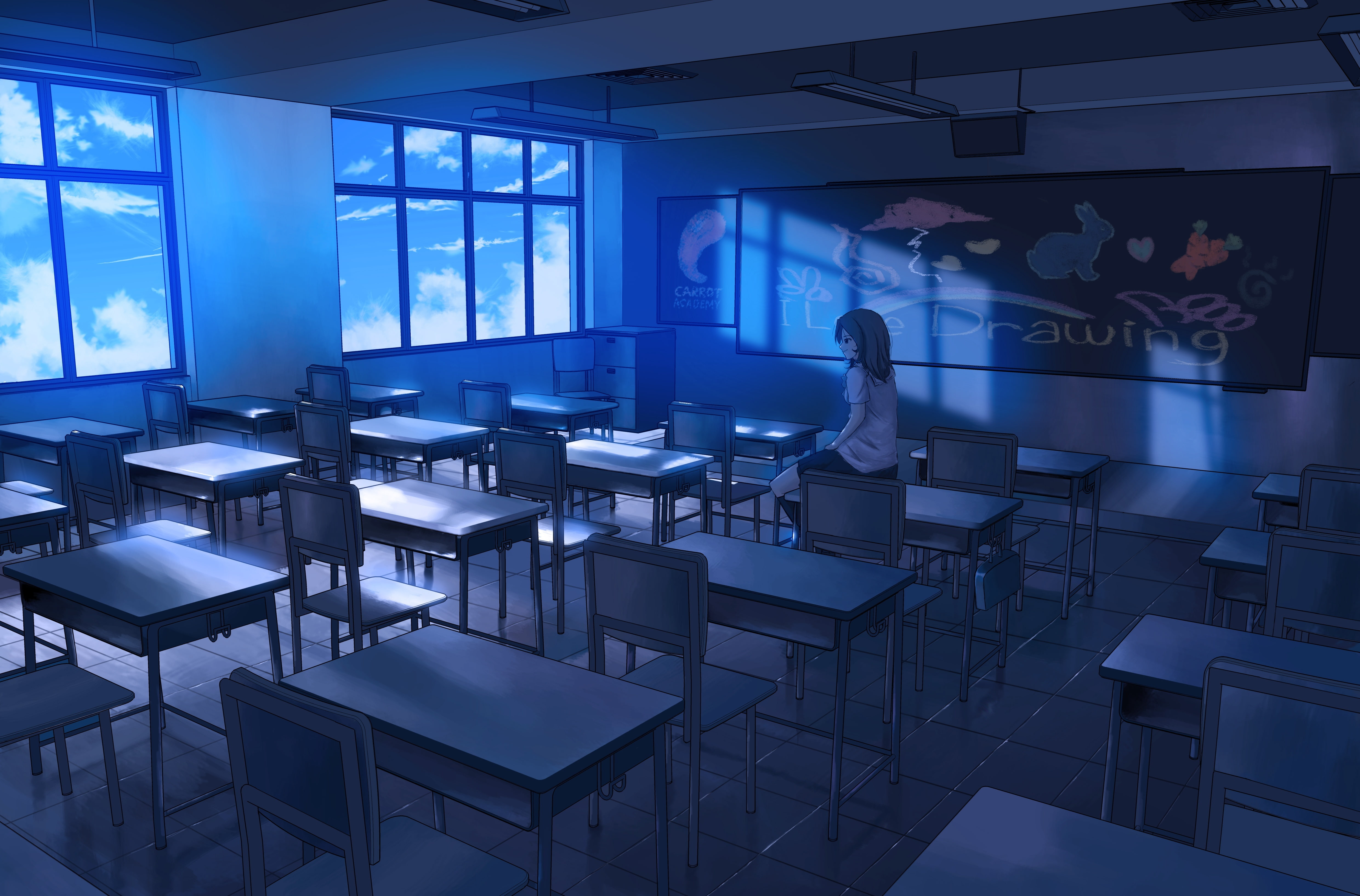 haired, black, Board, desks, education, woman, illuminated, schoolgirl, arts culture and entertainment, classroom, student, business, art, donsaid, blue, HD Wallpaper