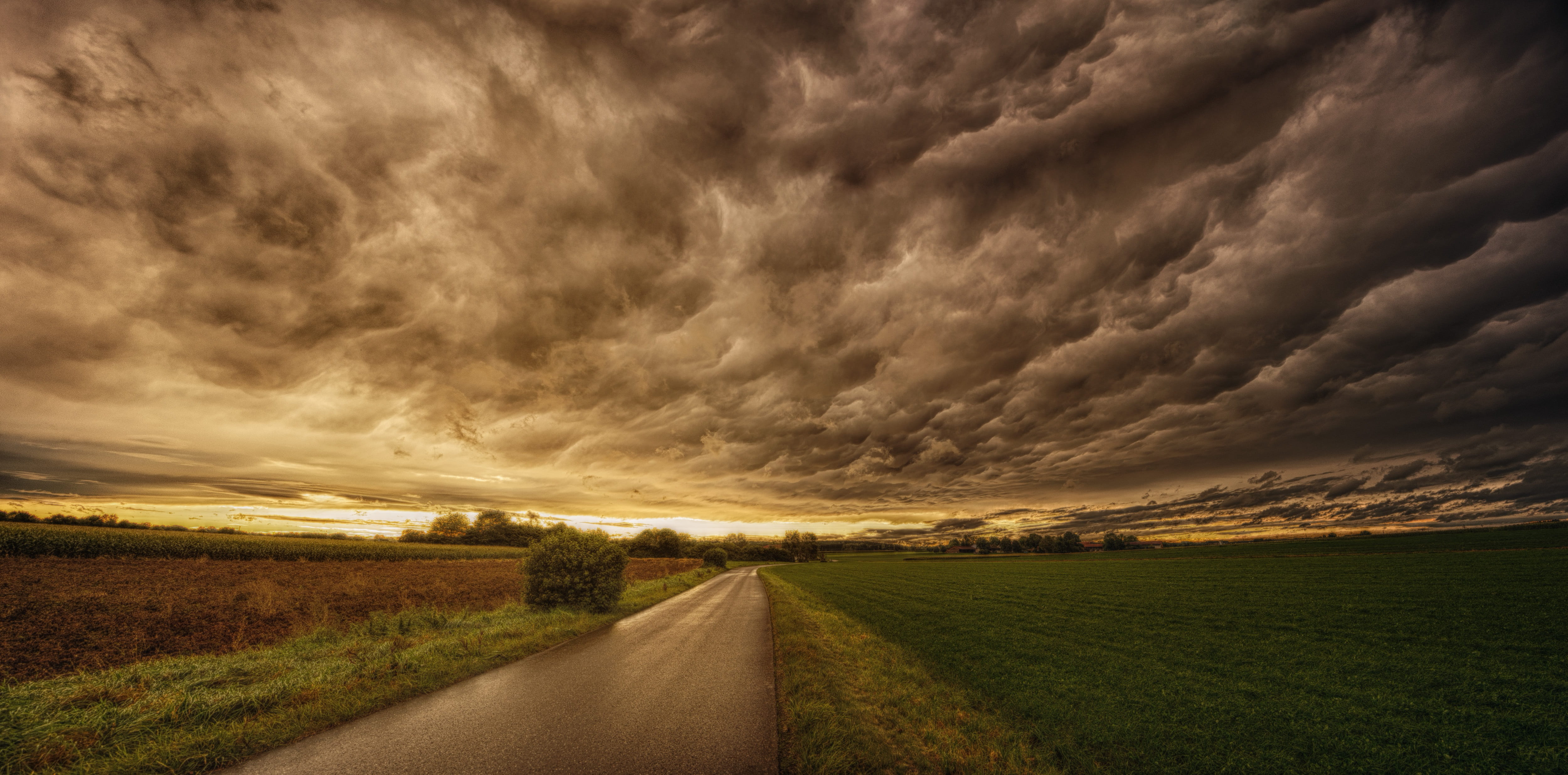 dramatic sky, weather mood, environment, sunset, cloud - sky, 4K, land, sky, dark clouds, transportation, storm clouds, field, agriculture, torrential rain, HD Wallpaper