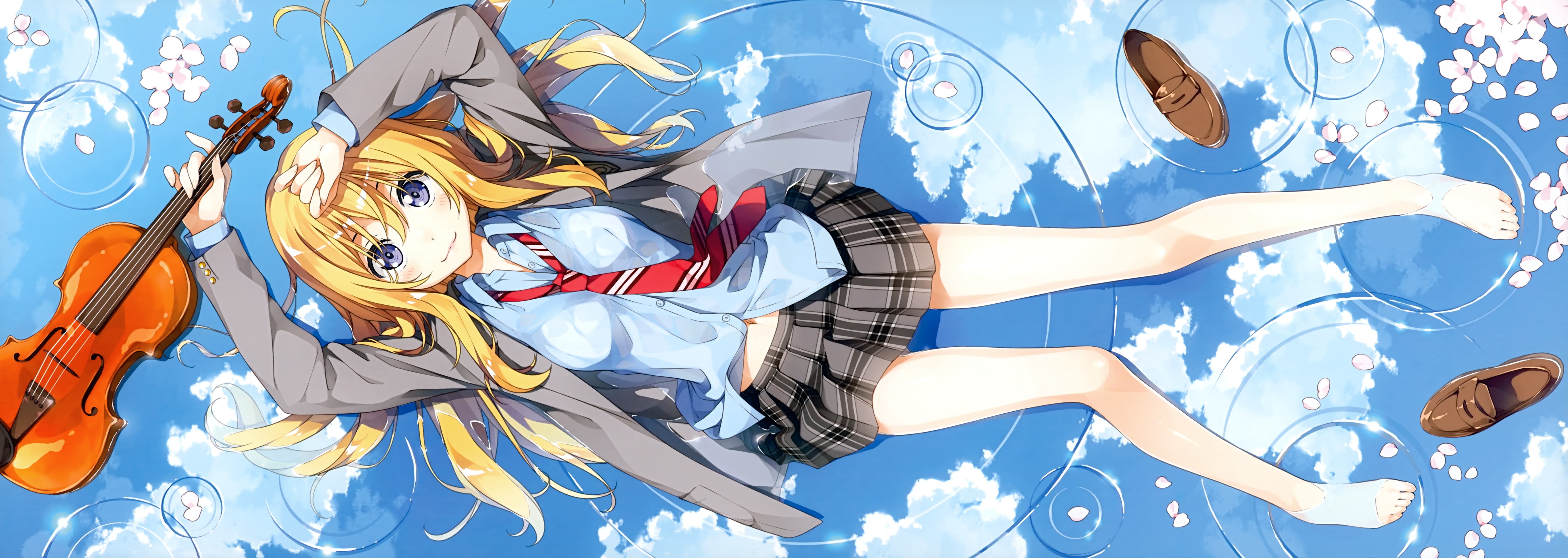 girl, water, schoolgirl, petals, form, the sky, art, Shigatsu wa Kimi no Uso, clouds, your April lie, anime, kantoku, miyazono kaori, violin, Sakura, 5K, HD Wallpaper