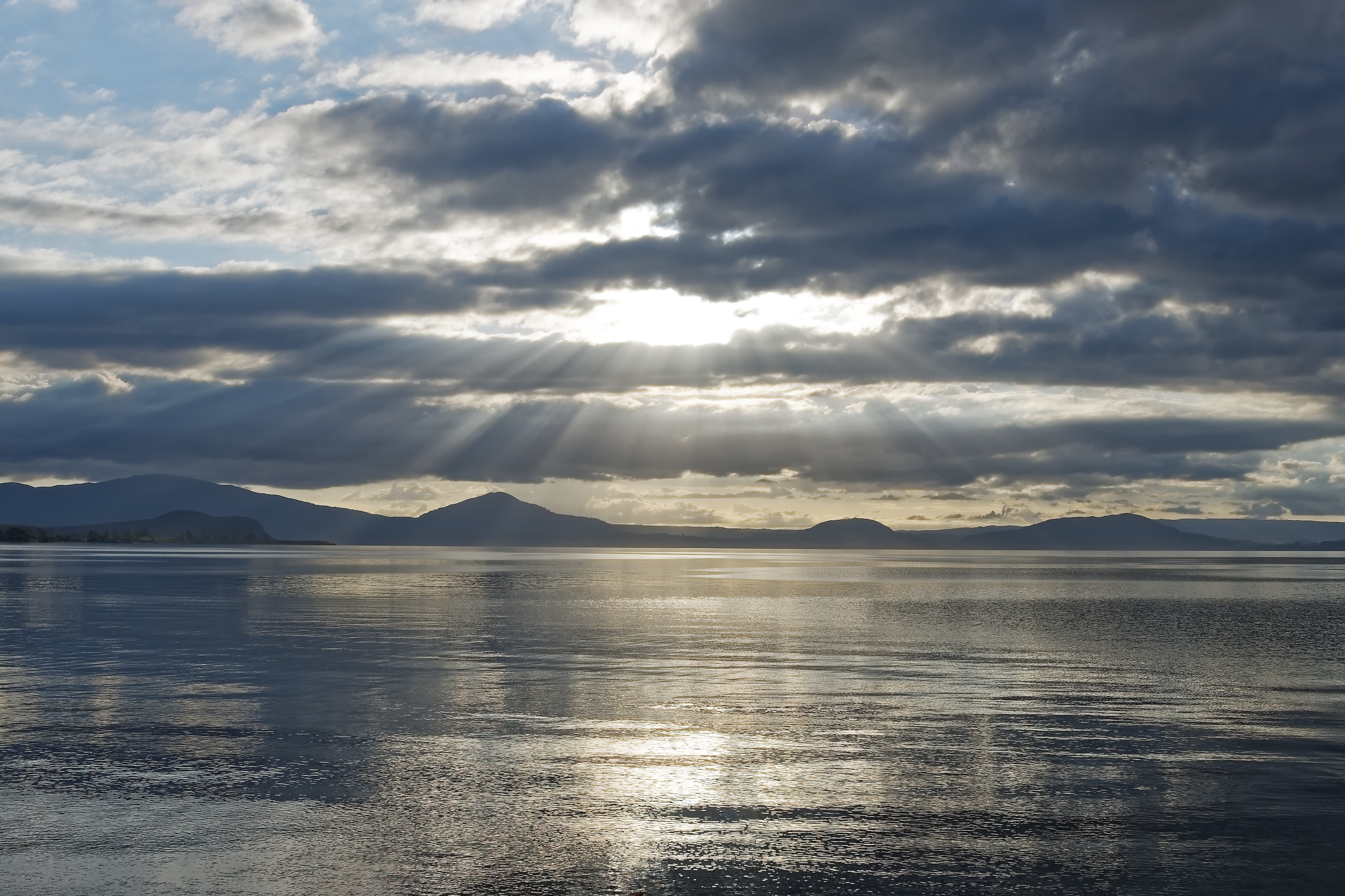 reflection, waterfront, body, lake, sunset, clouds form, lake taupo, mountain, no people, panorama, water, waters, within, landscape, tranquility, idyllic, HD Wallpaper