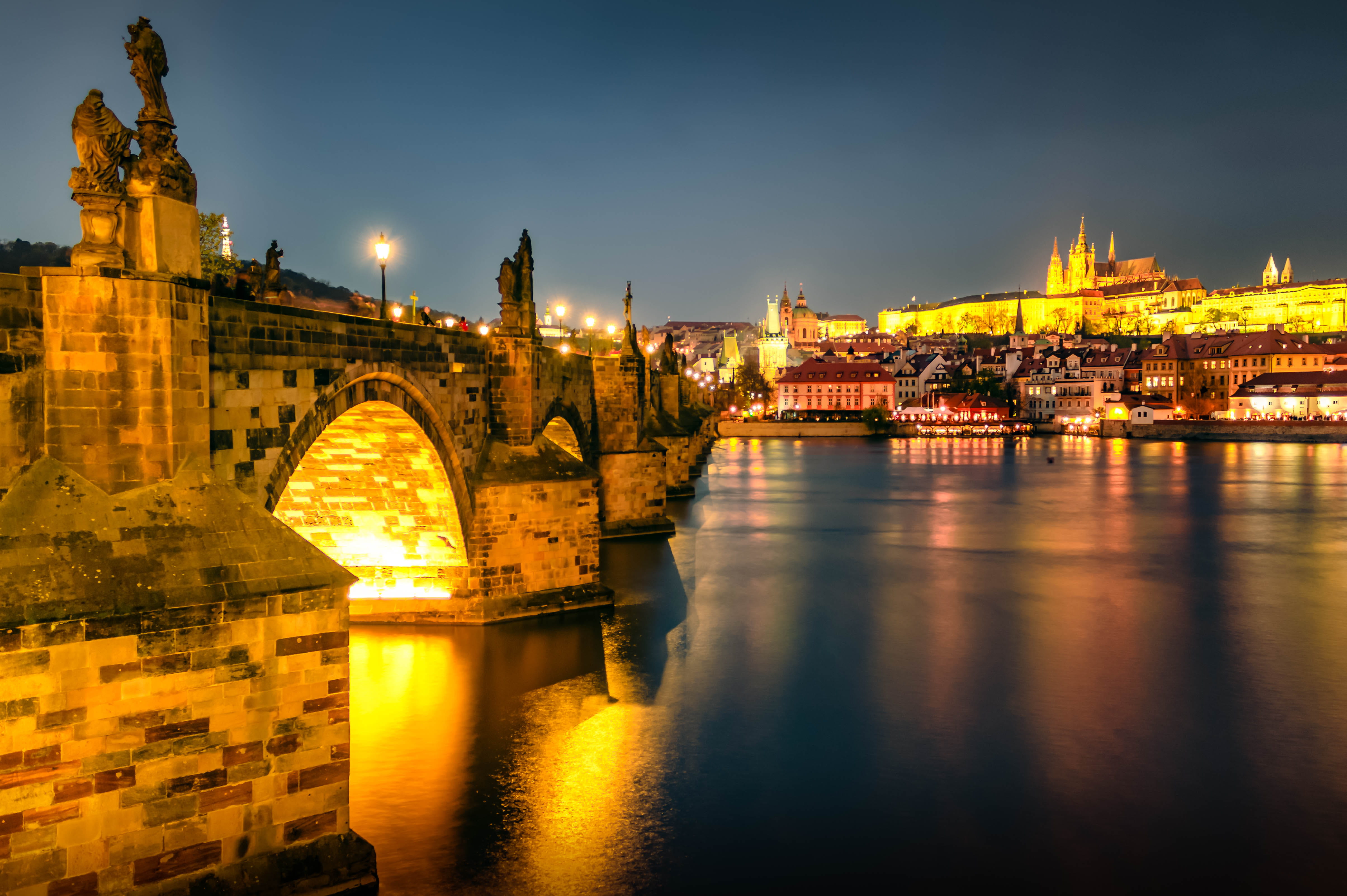 nature, bridge, reflection, city, river, praguecastle, centre, 4K, water, built structure, bridge - man made structure, architecture, transportation, building exterior, HD Wallpaper