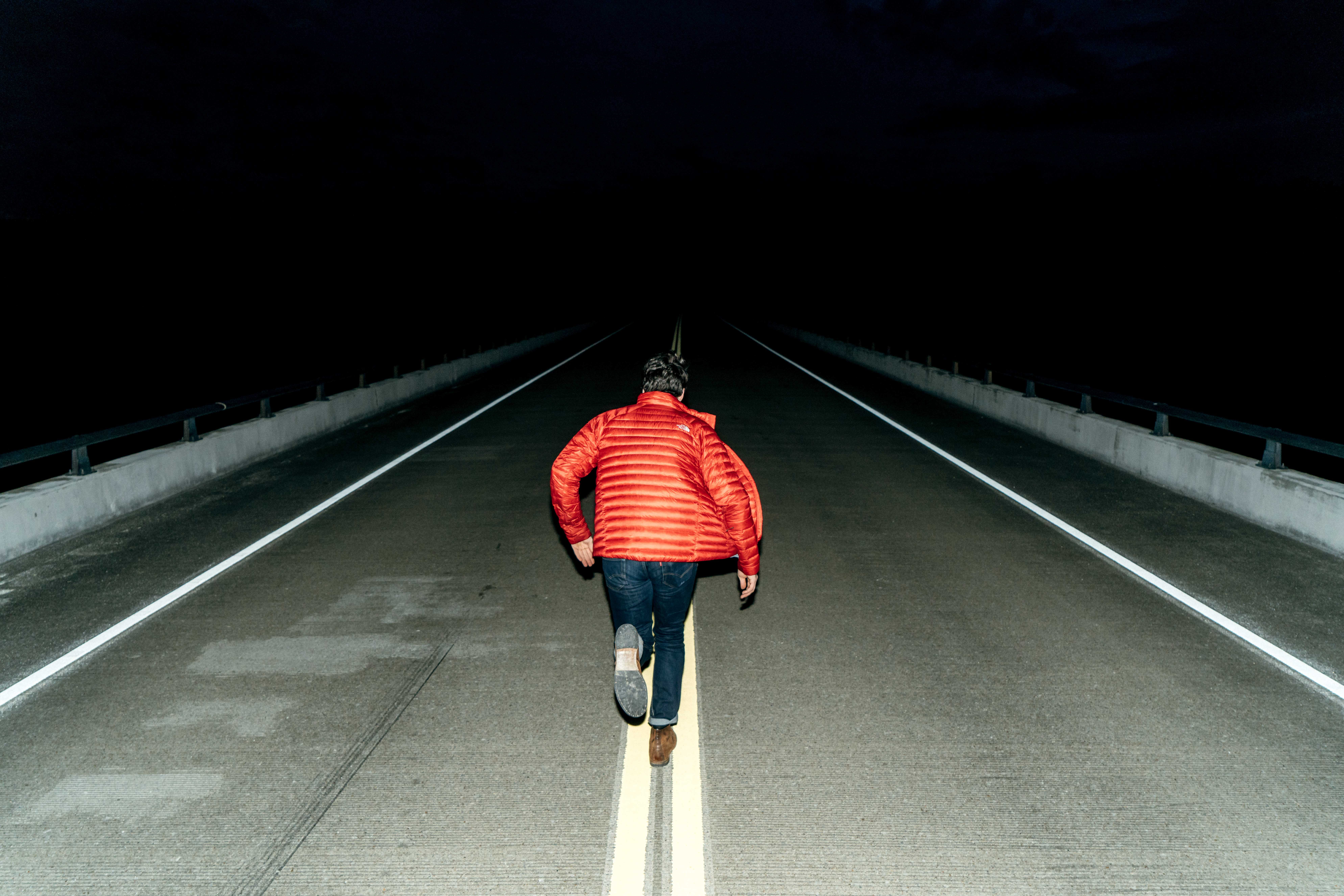 action, man, gray, speed, male, nighttime, outdoors, diminishing perspective, men, Bridge, real people, motion, time, full length, marking, illuminated, HD Wallpaper