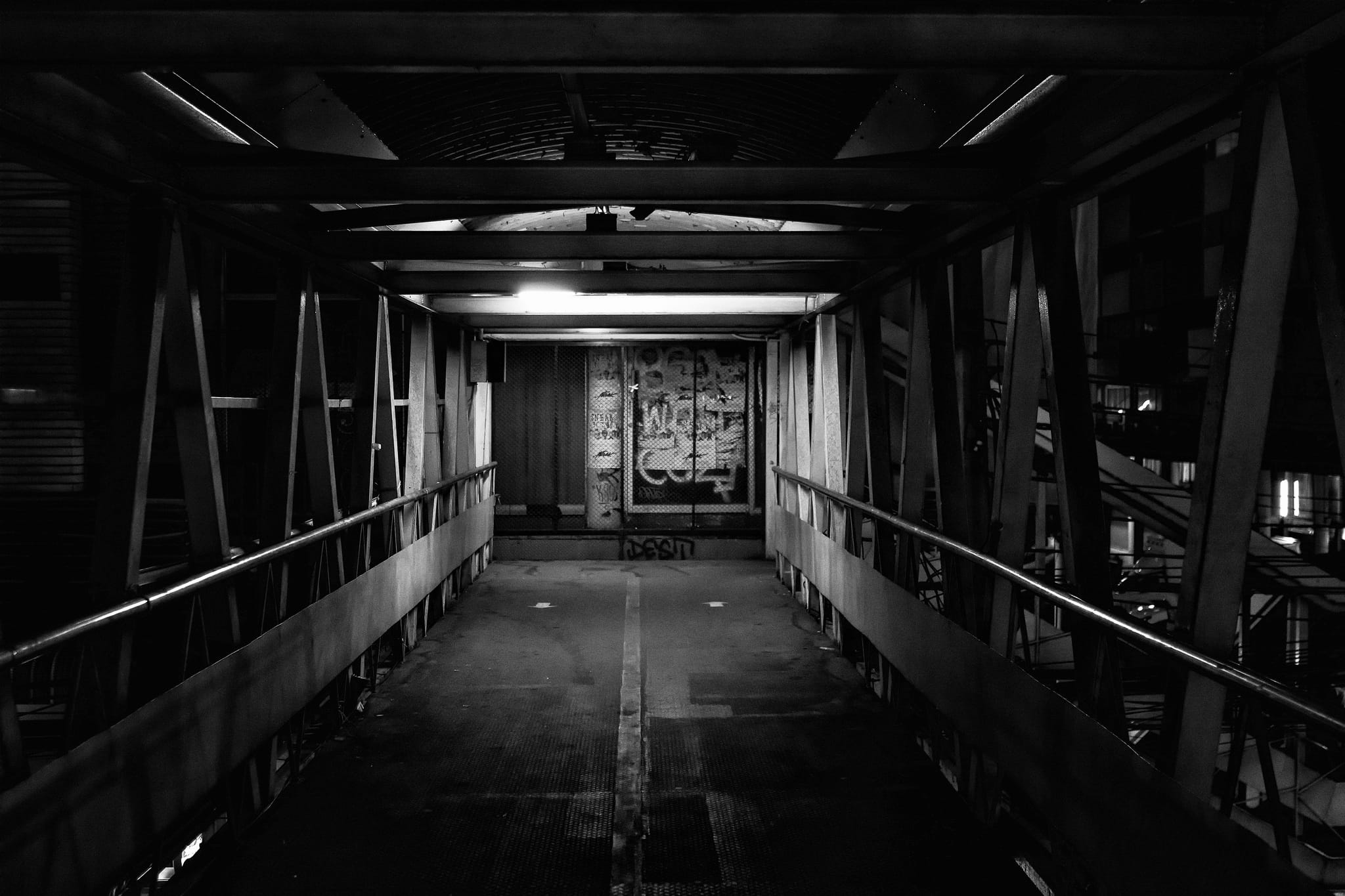 indoors, building, lighting equipment, black And White, backandwhite, diminishing perspective, night, spooky, Overpass, footpath, abandoned, direction, HD Wallpaper