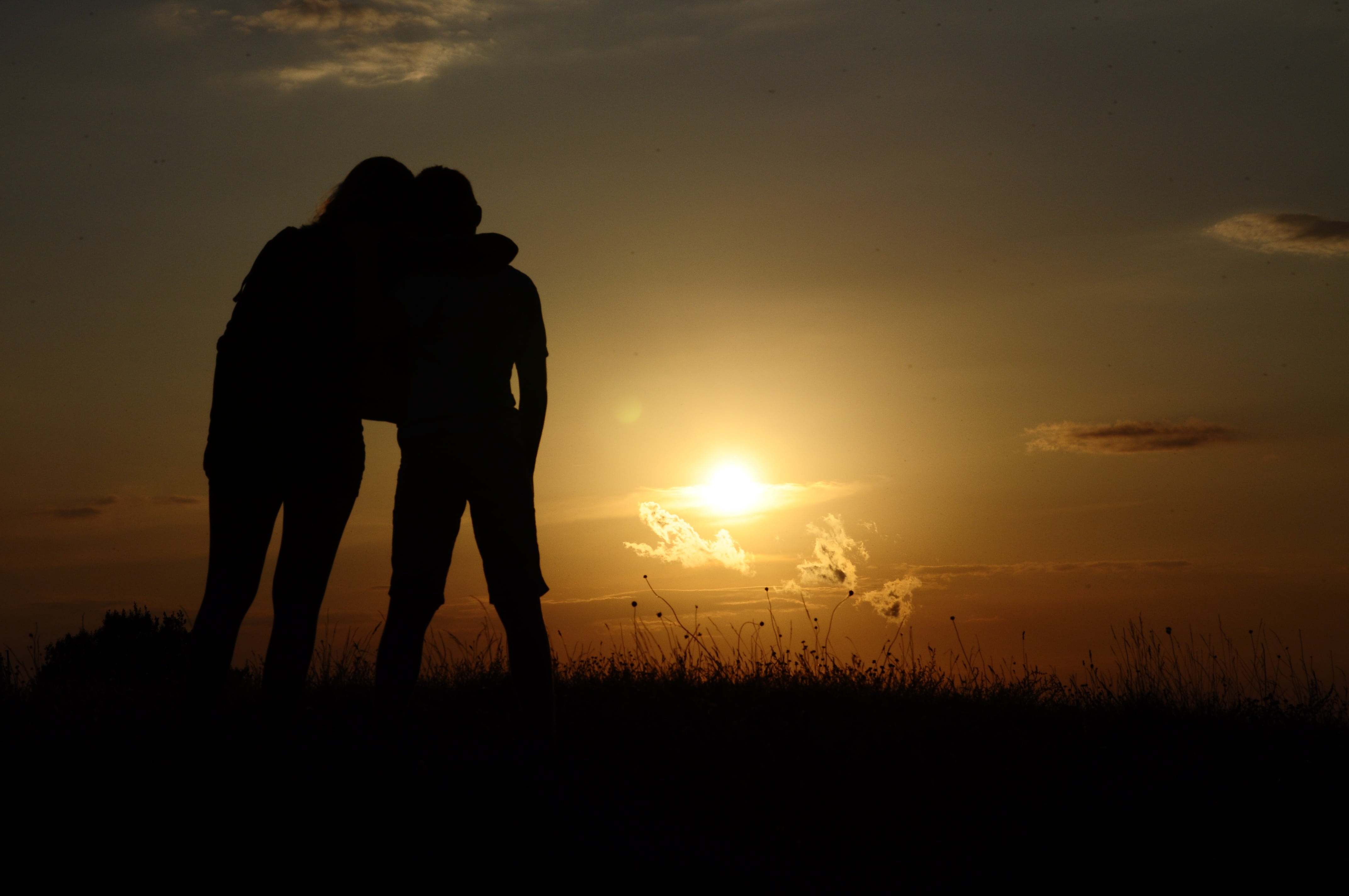 cloud - sky, silhouette, sun, positive emotion, people, human, sunset, evening sky, men, grass, son, orange color, horizon, dusk, togetherness, outdoors, HD Wallpaper