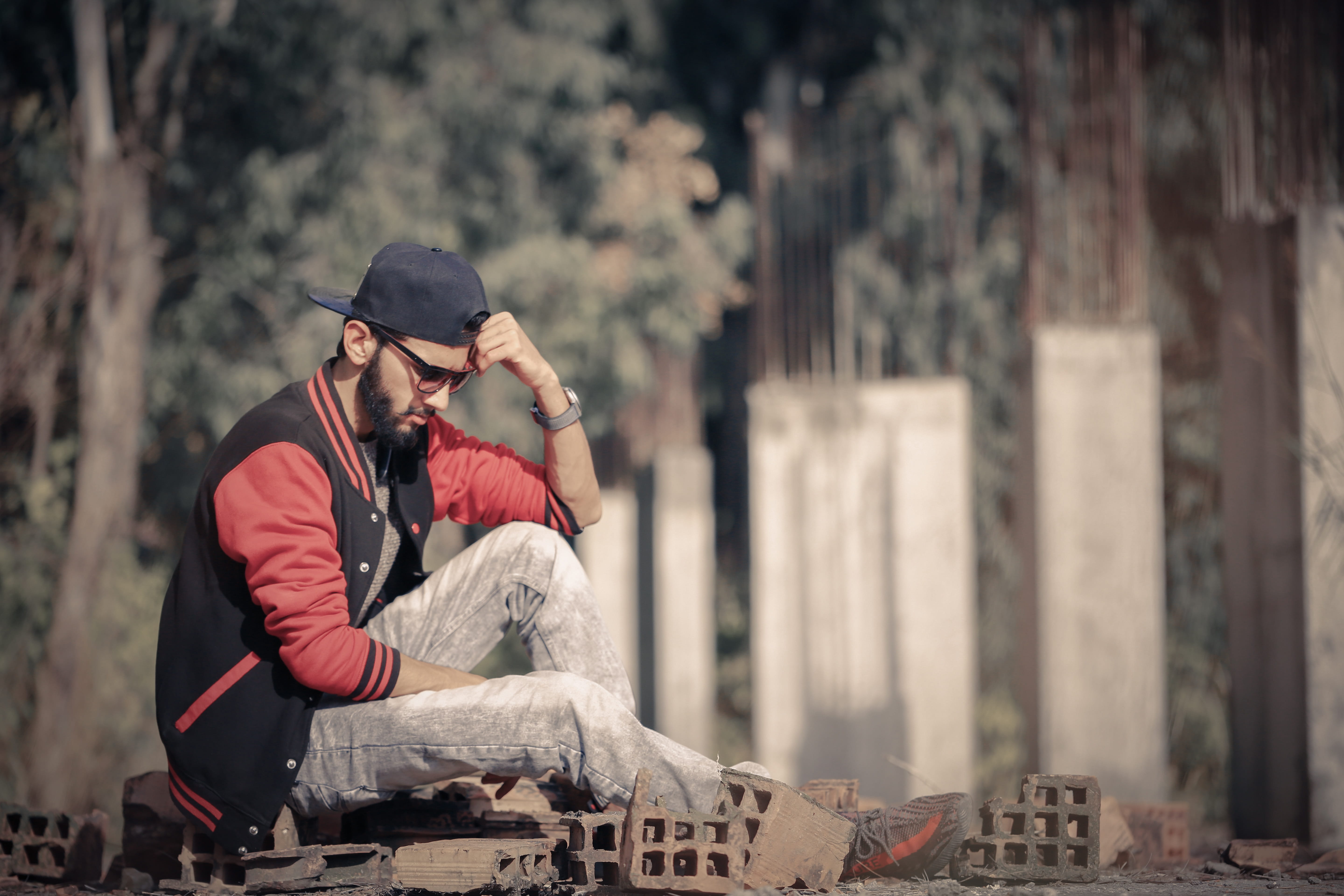 leisure activity, black, male model, looking, color, red, day, young adult, facial hair, focus on foreground, 5K, boys fashion, lifestyles, casual clothing, HD Wallpaper