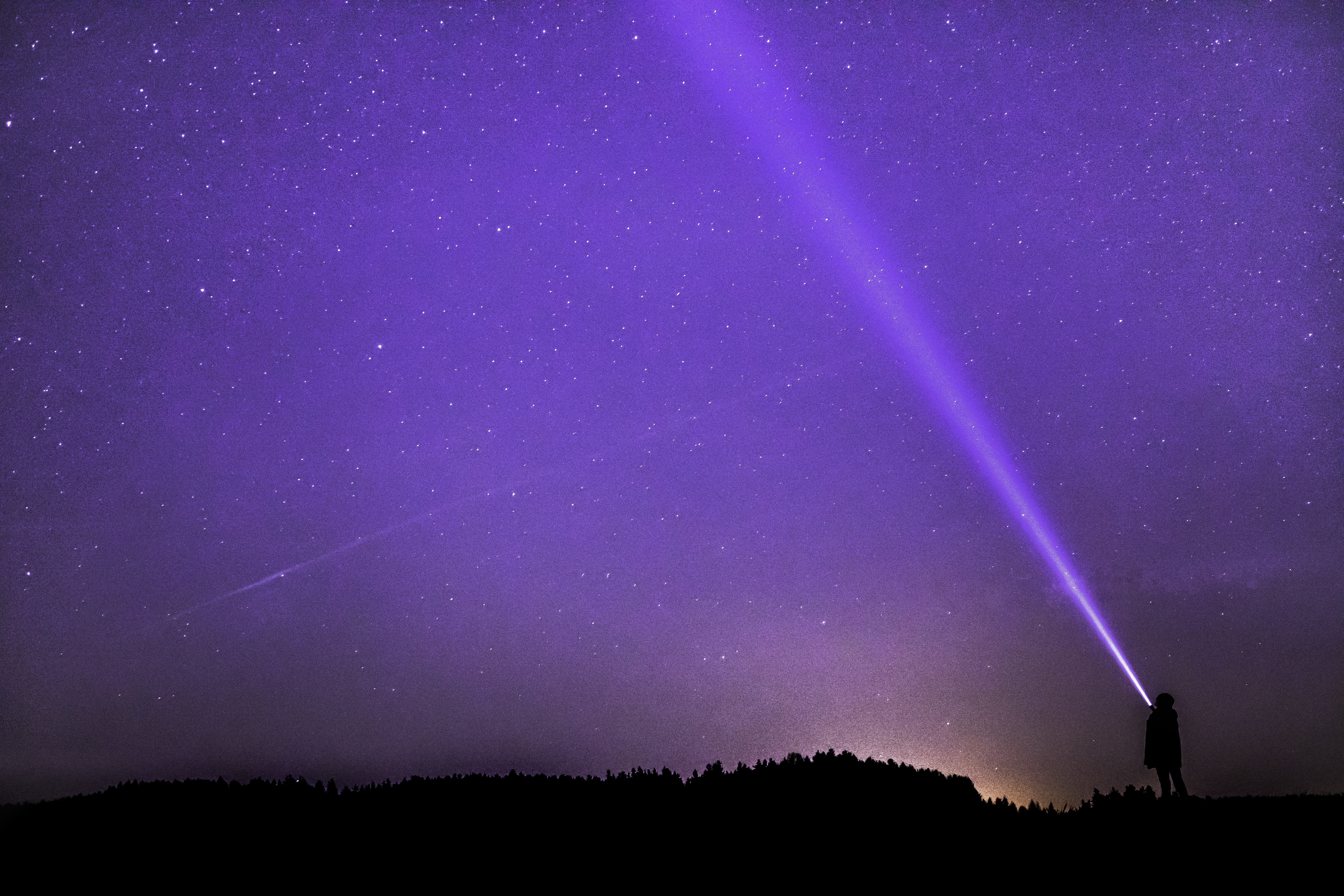 flashlight, nature, silhouette, mystical, 5K, illuminated, man, astronomy, cosmos, lights, space, tranquility, industry, outdoors, evening sky, purple, HD Wallpaper
