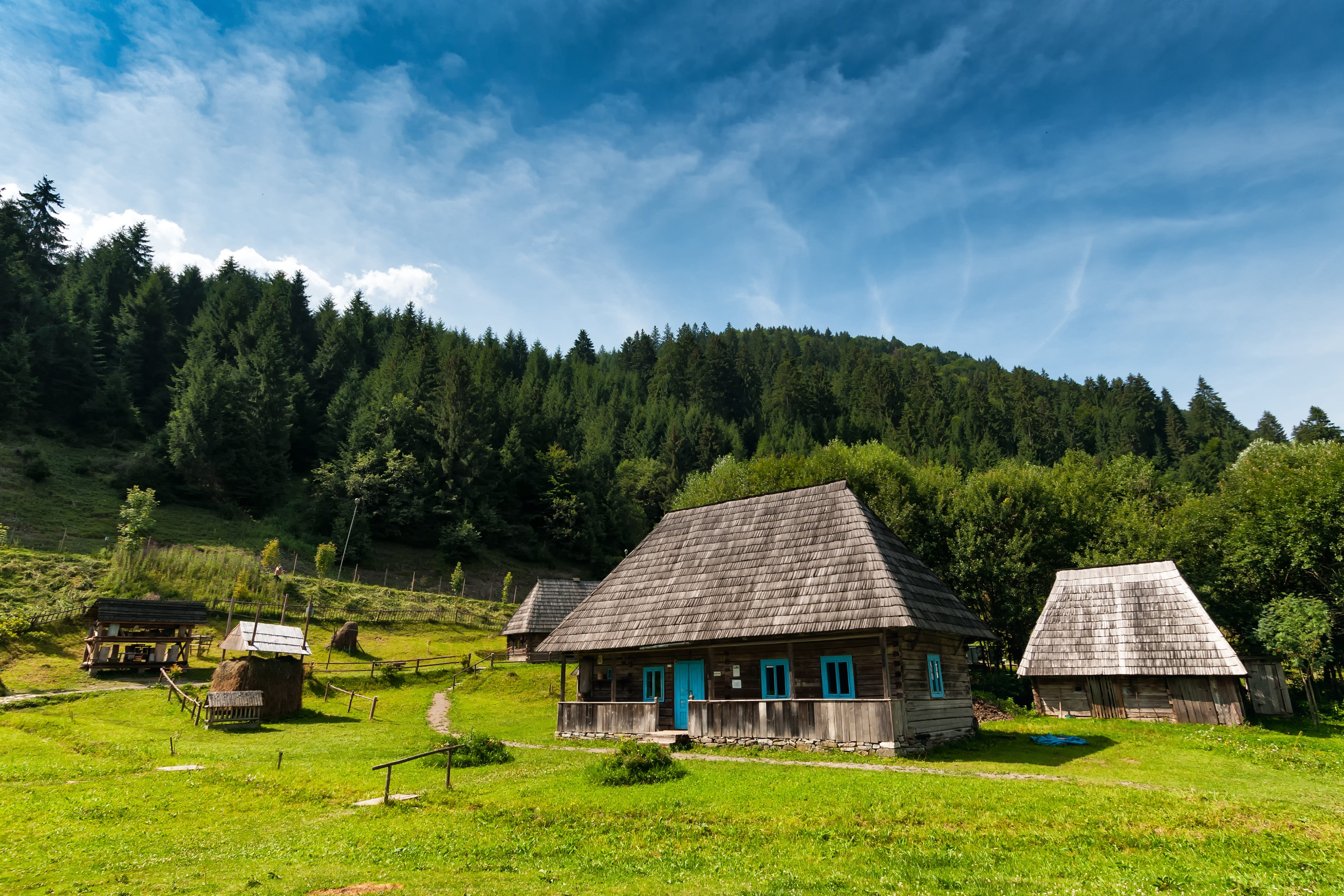 architecture, cottage, cloud - sky, ukraine, field, building, kolochava, no people, carpathian mountains, land, building exterior, road, landscapes, roof, HD Wallpaper
