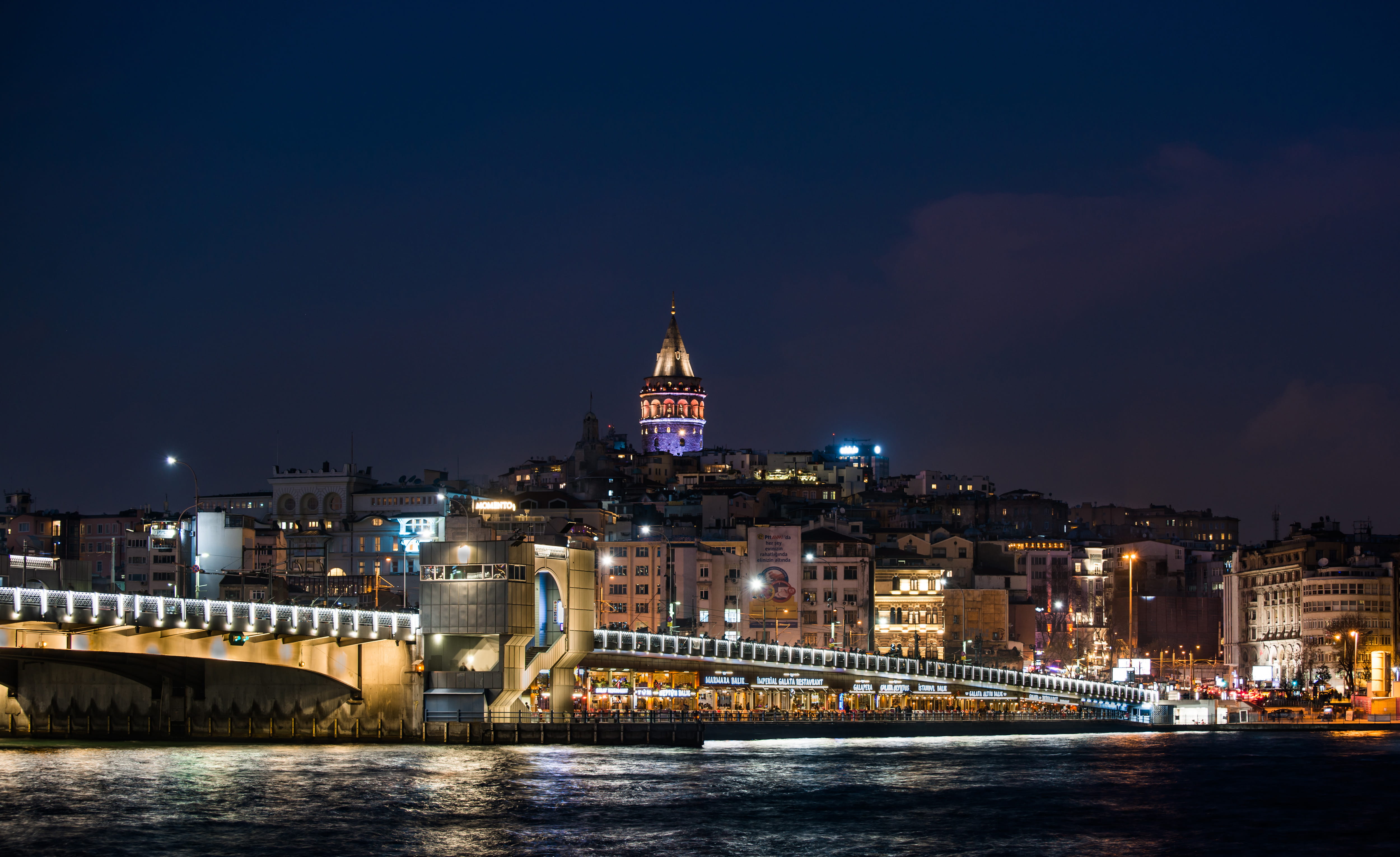 connection, 4K, tower, city, illuminated, office building, built structure, building exterior, downtown, water, cityscape, galata tower, time, sky, outdoors, HD Wallpaper