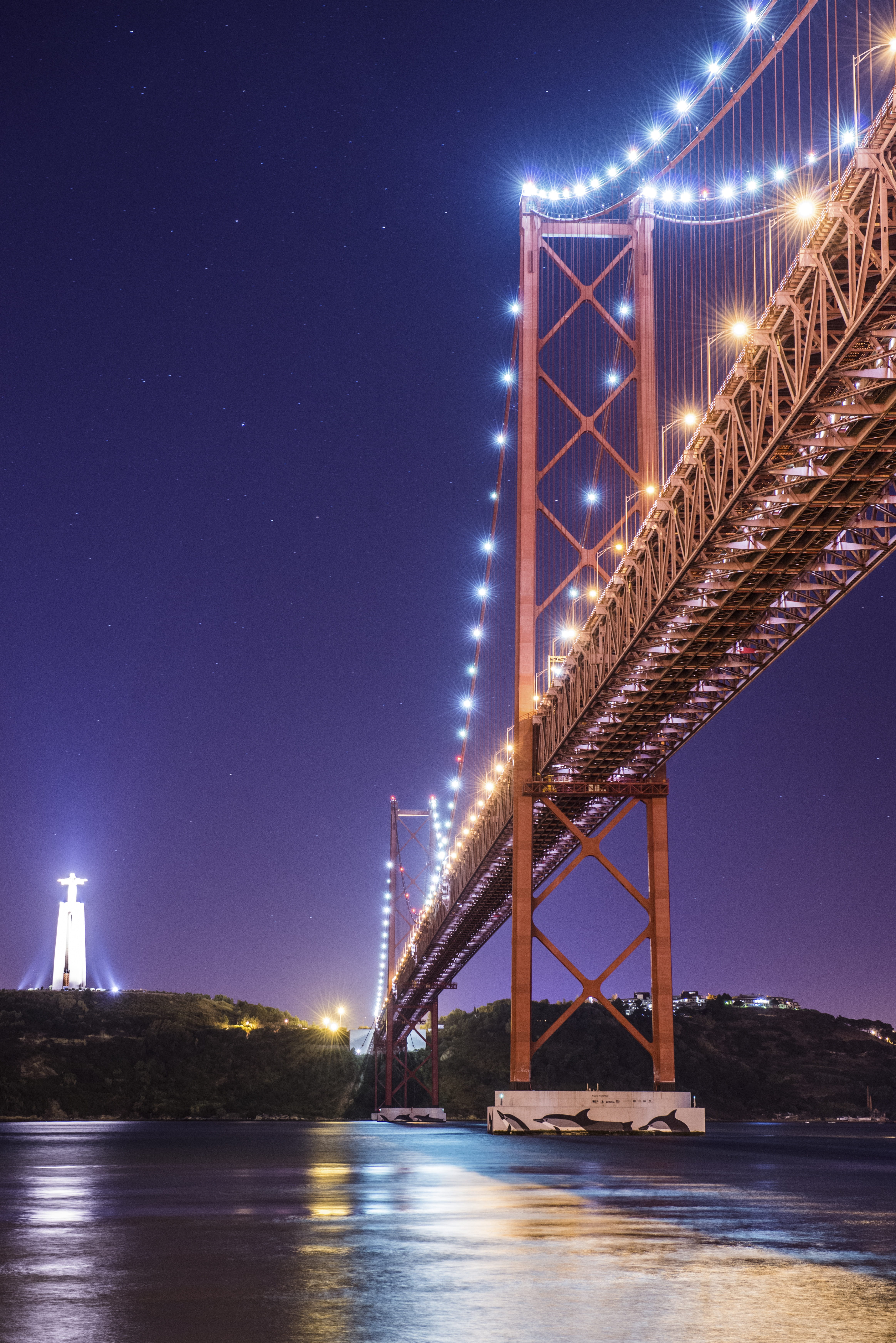 estuary, holidays, skyscraper, outlook, water, illuminated, outdoors, architecture, city, lighting, statue, Bridge, mountain, lights, engineering, holiday, Phone HD Wallpaper