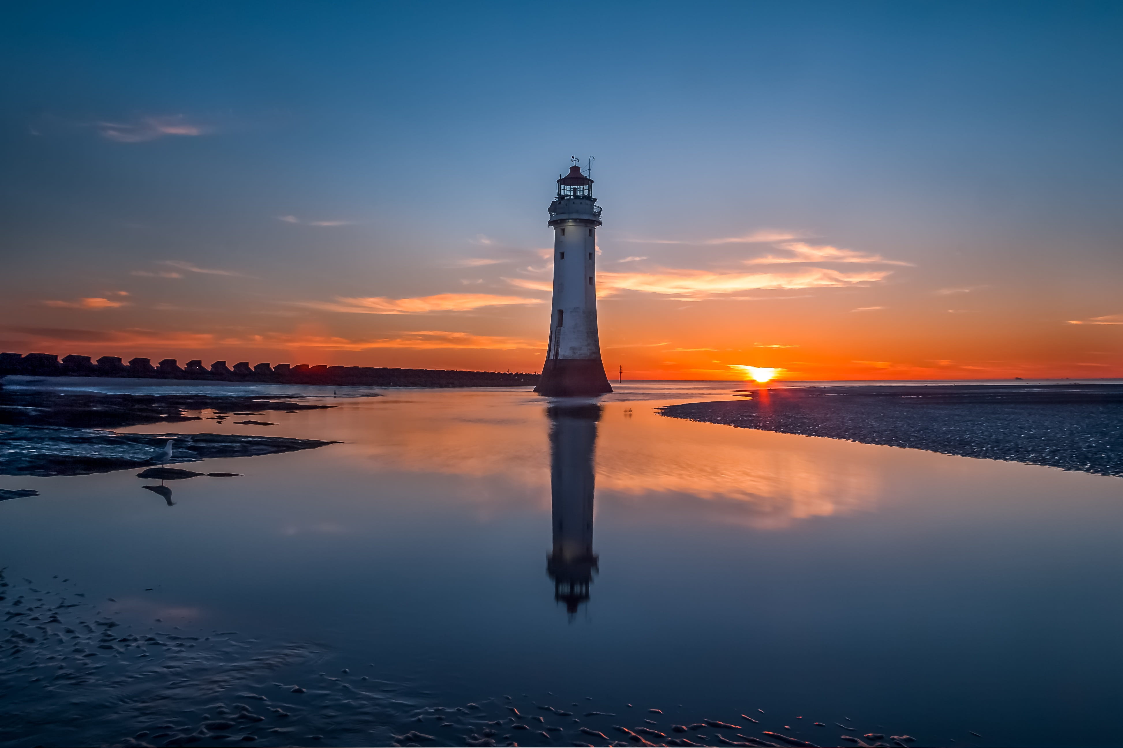 landscape, orange color, Landmark, house, silhouette, seascape, 4K, golden, mersey, estuary, hour, cloud - sky, scenics - nature, Lighthouse, direction, HD Wallpaper