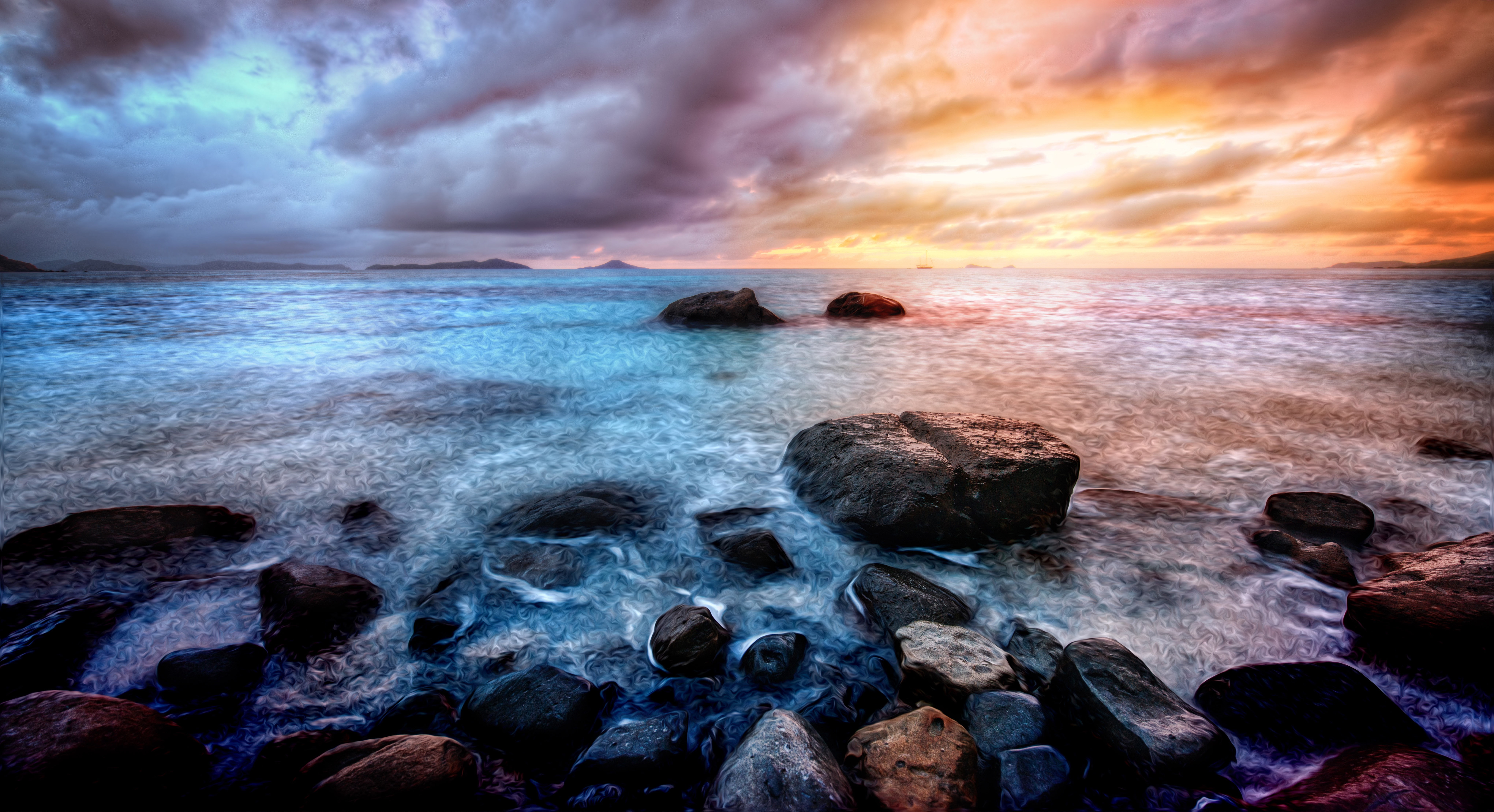 sunset, Instagram, Photo, scenics, sea, cloud - Sky, beach, wave, outdoors, landscape painting, nature, seascape, water, side, coastline, blue, landscape, HD Wallpaper