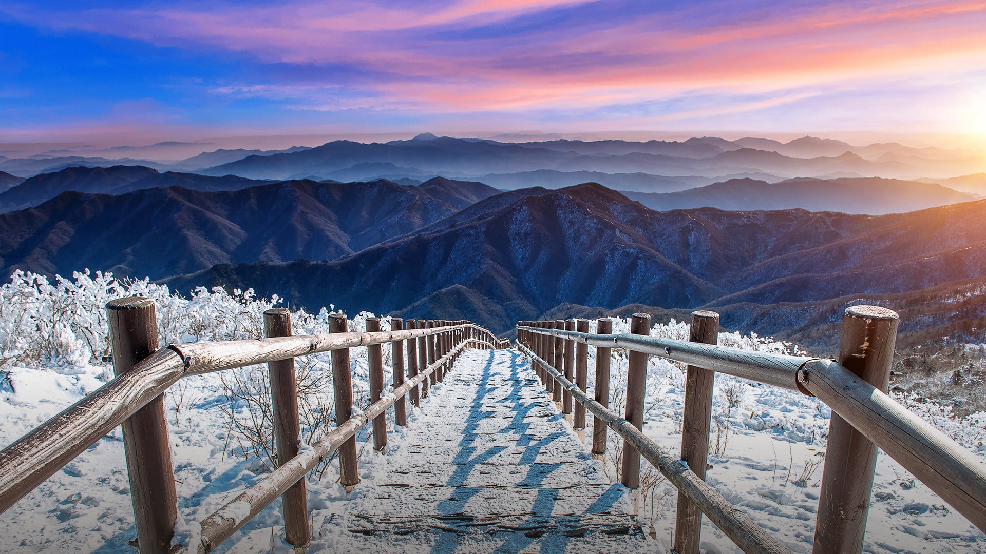 South Korea, plants, 1080P, Deogyusan, dawn, mountains, fence, mist, snow, path, landscape, sky, stairs, nature, clouds, HD Wallpaper