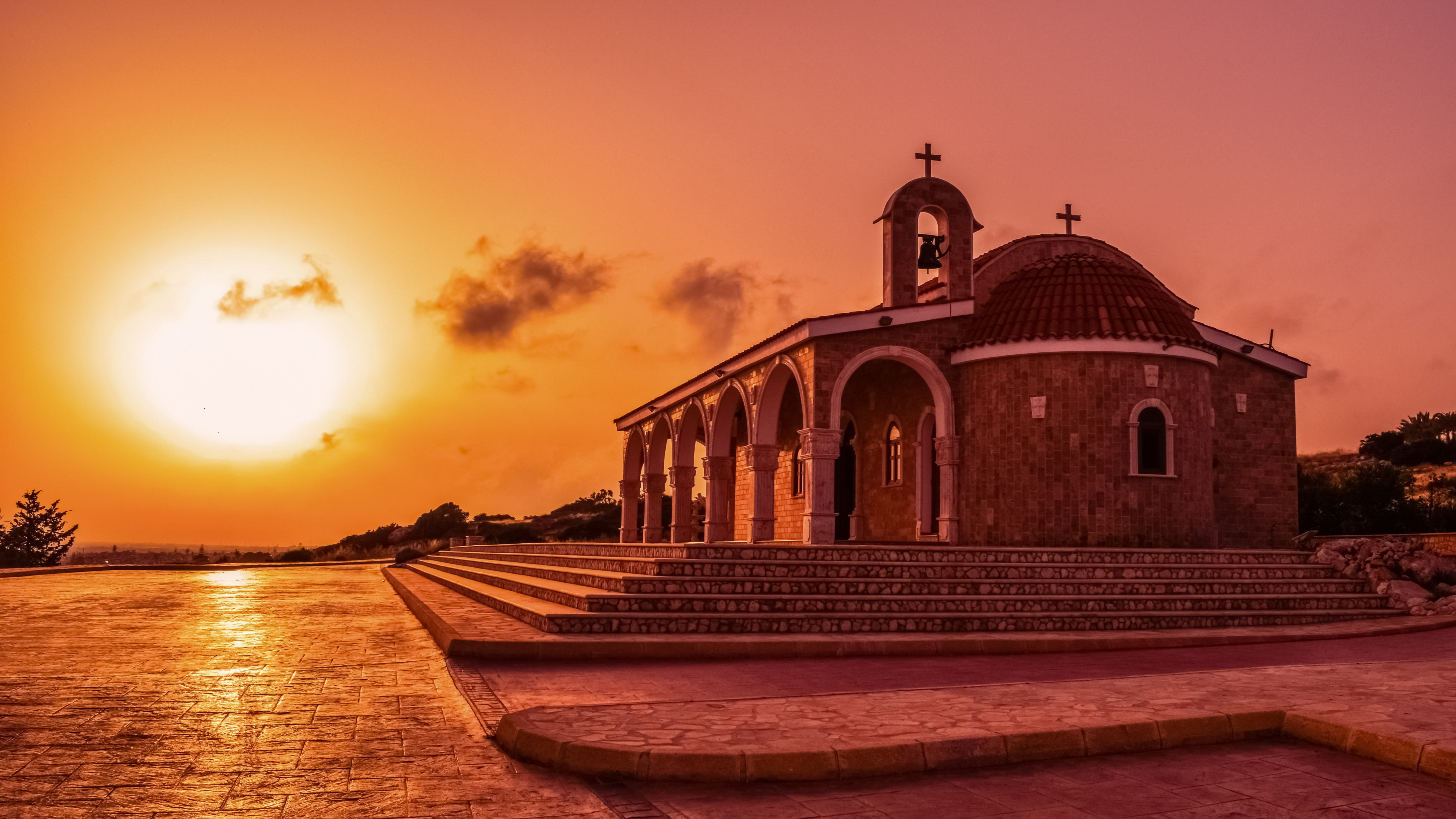 beauty in nature, sunrise, tranquility, belief, travel destinations, spirituality, chapel, church, cloud - sky, building exterior, sky, 5K, built structure, HD Wallpaper