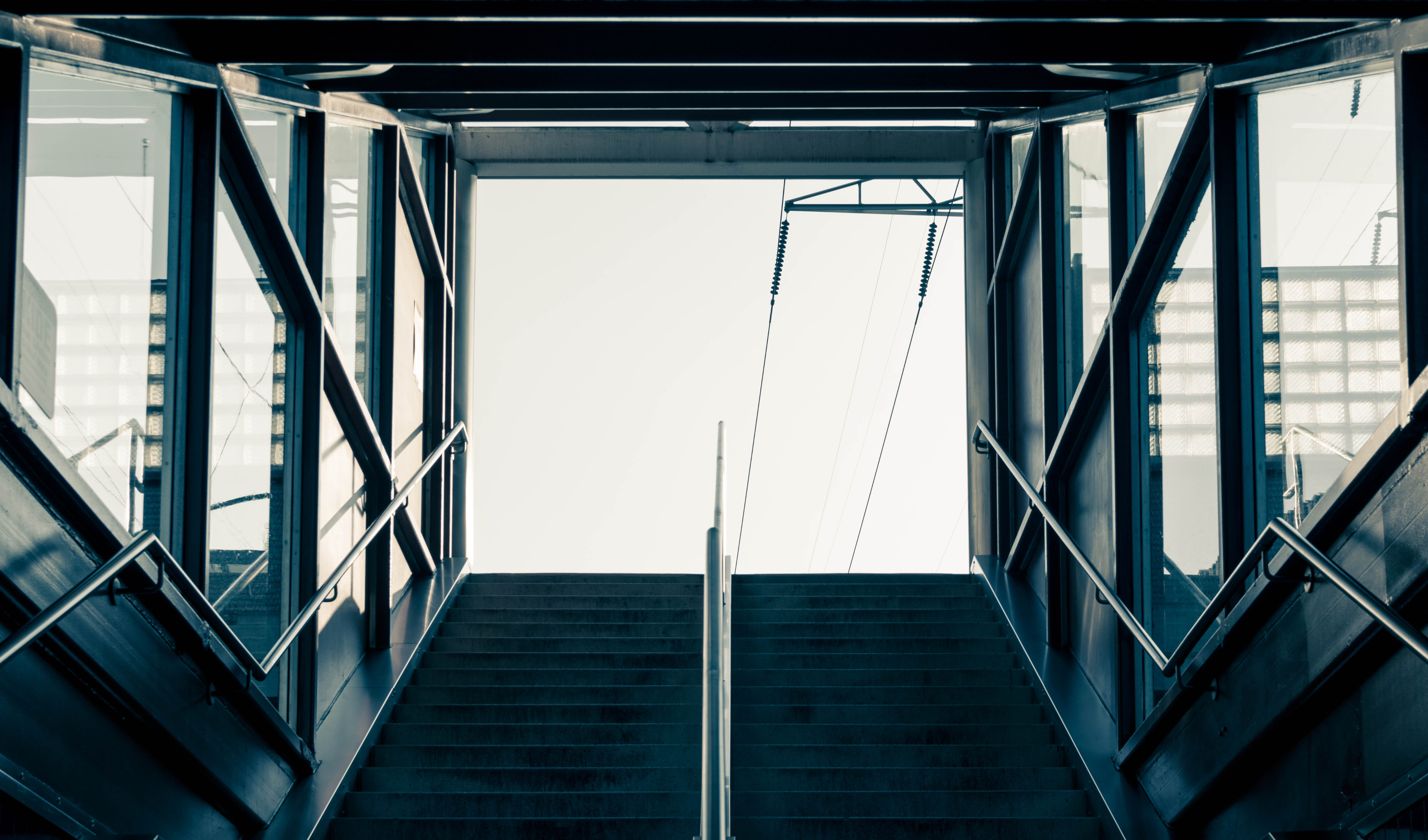 steps and staircases, office building exterior, stairs, staircase, nature, dawn, tram, railing, transportation, day, blue, philadelphia, architecture, light, HD Wallpaper