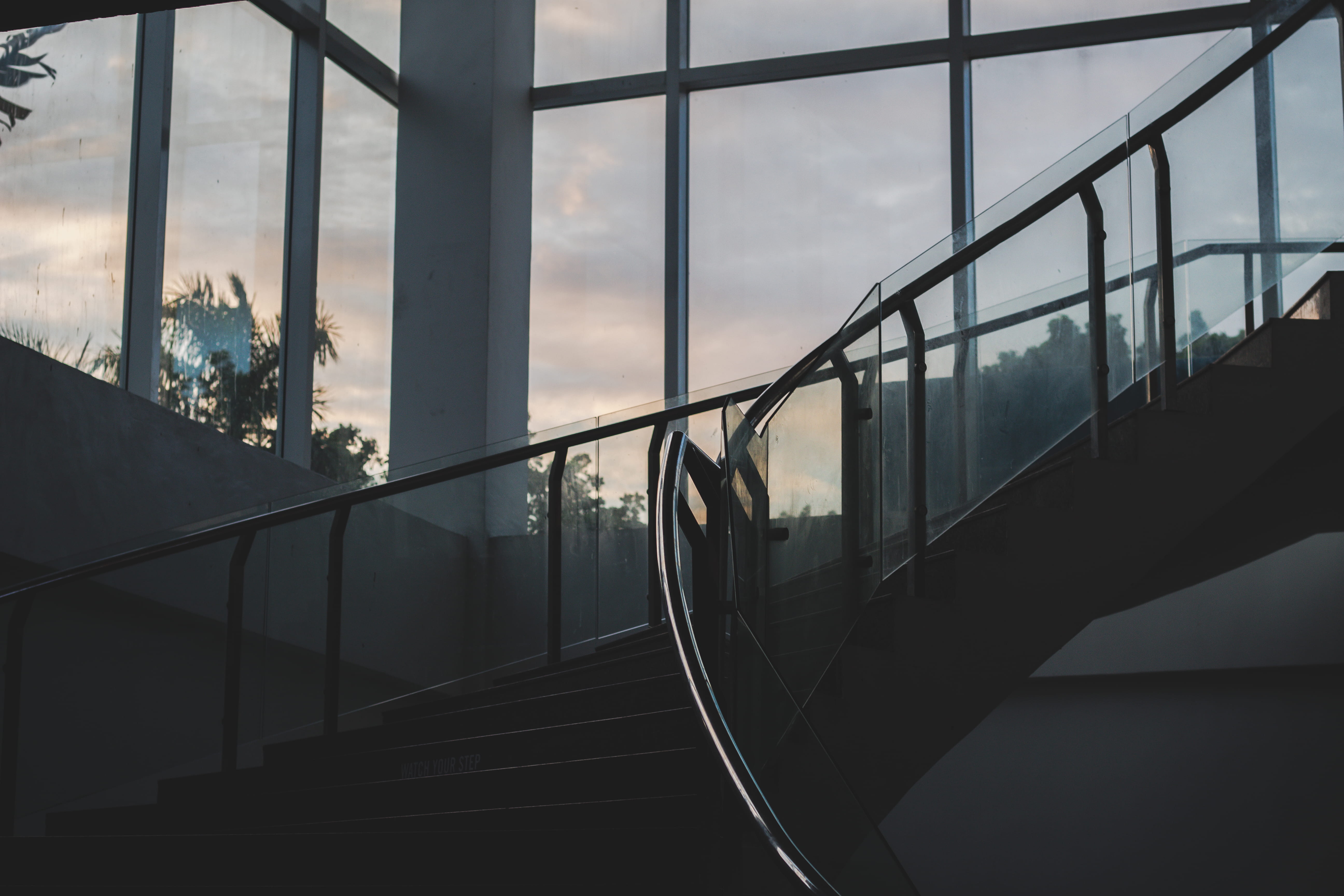 stairs, metal, cloud - sky, outdoors, railing, windows, transportation, window, handrails, glass - material, perspective, staircase, sky, glass windows, HD Wallpaper