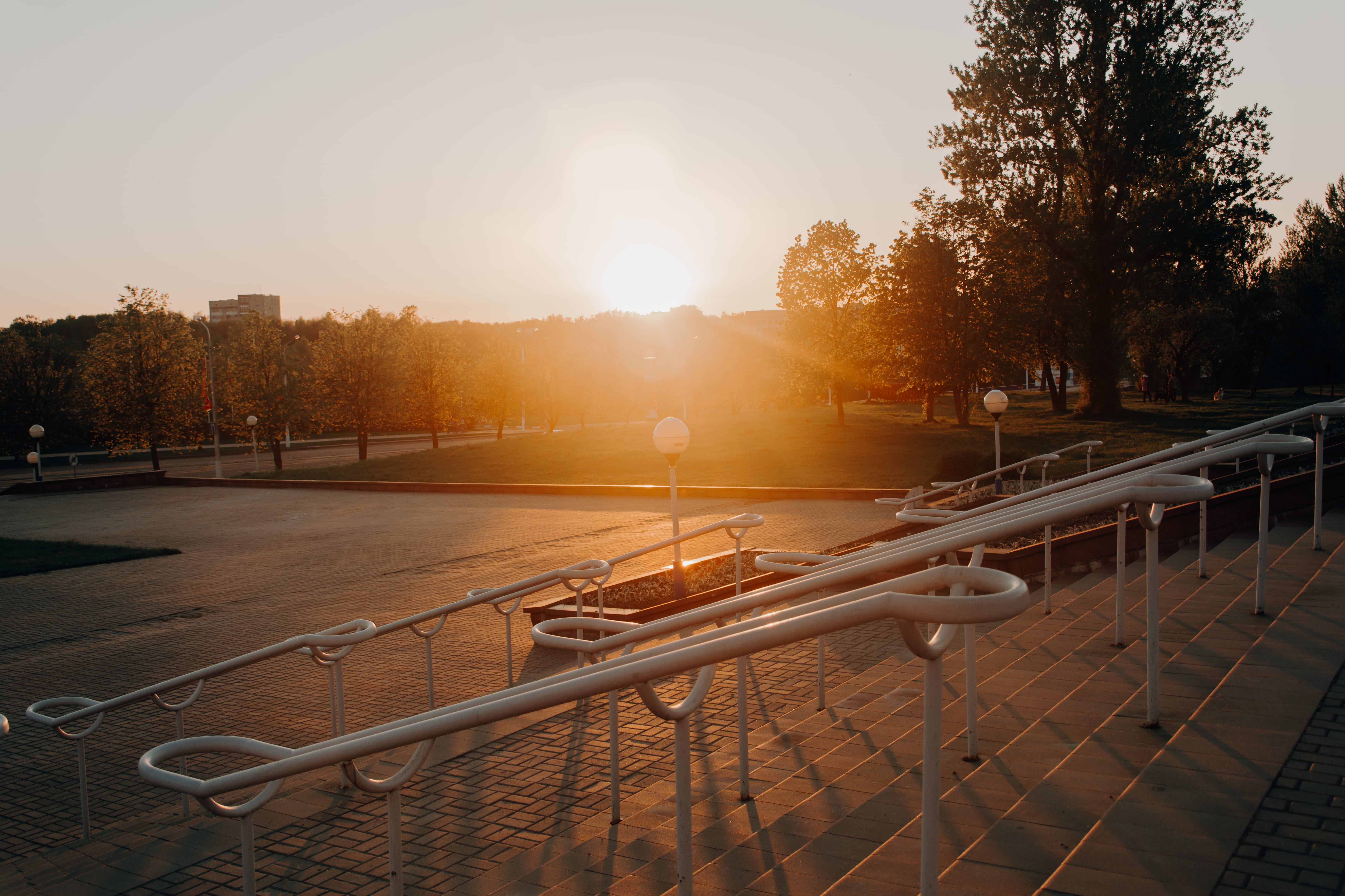 park - man made space, outdoors, 5K, steel, sunbeam, lens flare, day, stair, tree, sky, architecture, built structure, building exterior, sunset, photography, HD Wallpaper