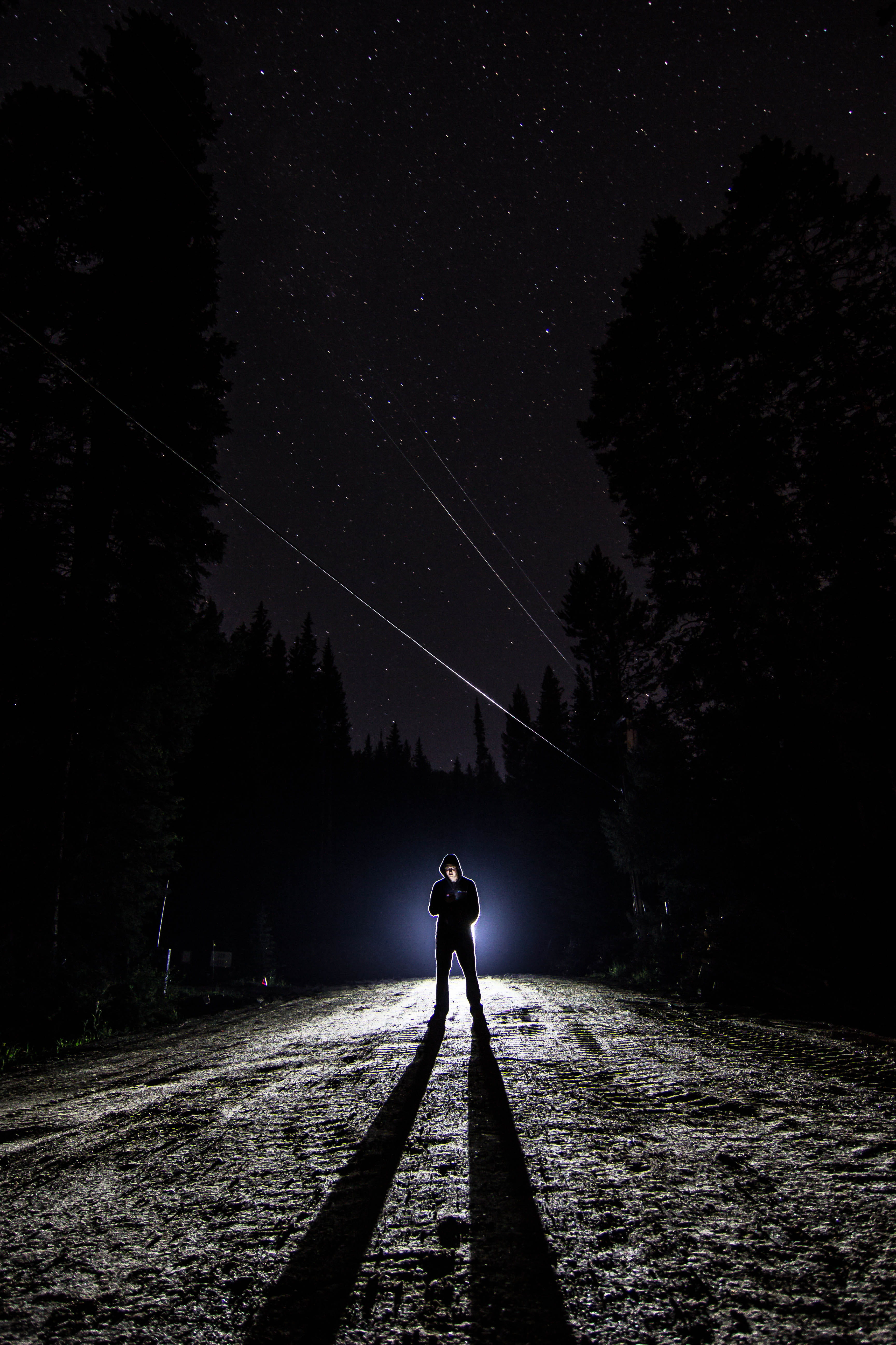 loneliness, solitude, dark, 5K, lights, sky, beauty in nature, leisure activity, land, plant, space, spooky, lifestyles, astronomy, star, behind, standing, Phone HD Wallpaper