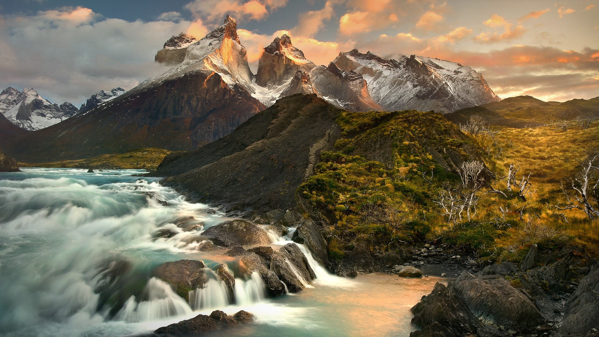 trees, Chile, long exposure, landscape, river, rocks, forest, 1080P, snowy mountain, clouds, Salto Grande, snow, sunrise, HD Wallpaper