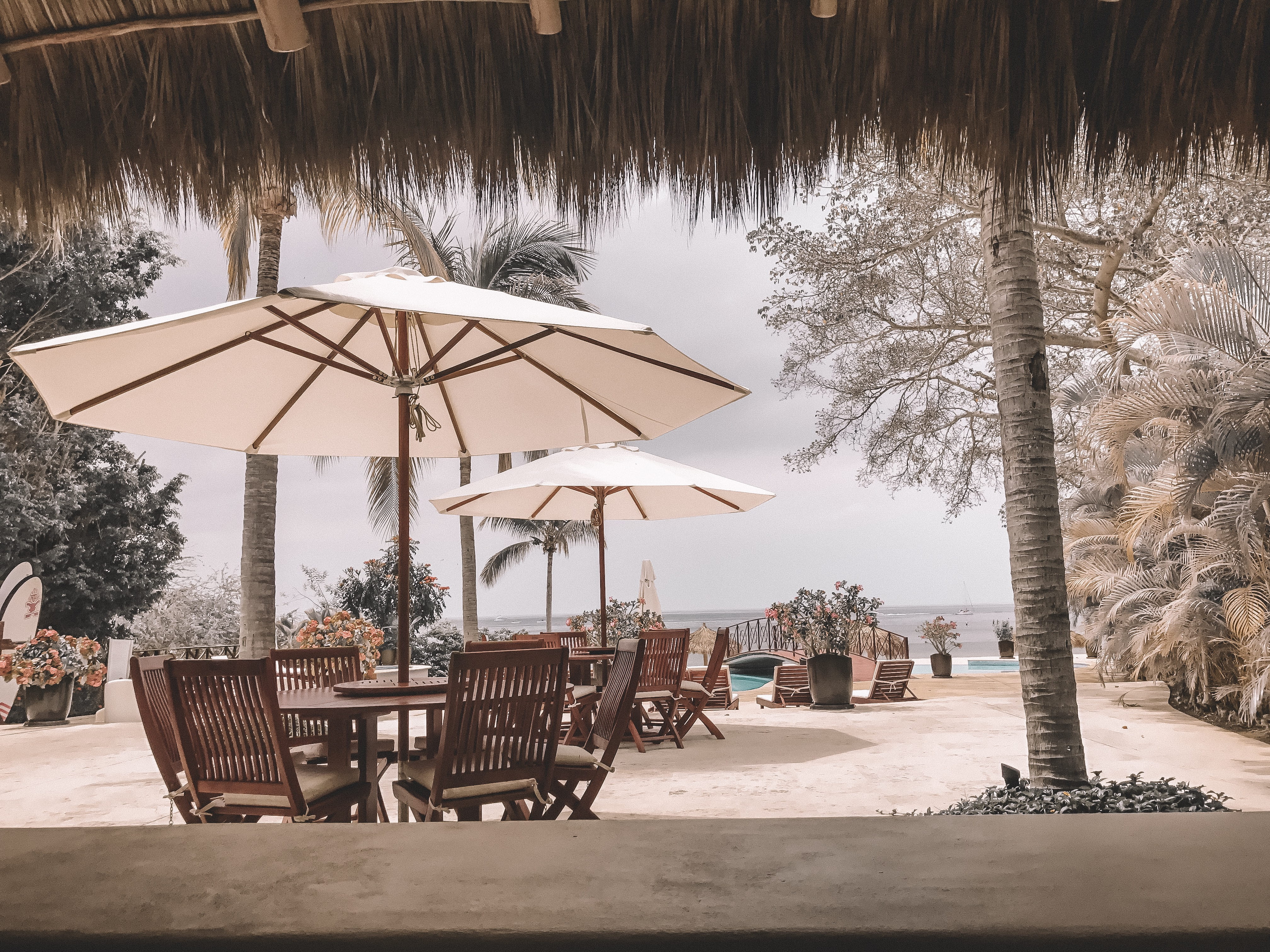 hut, snow, trees, chair, building exterior, built structure, absence, no people, gazebo, architecture, furniture, sunshade, shade, tree, umbrella, sunlight, HD Wallpaper